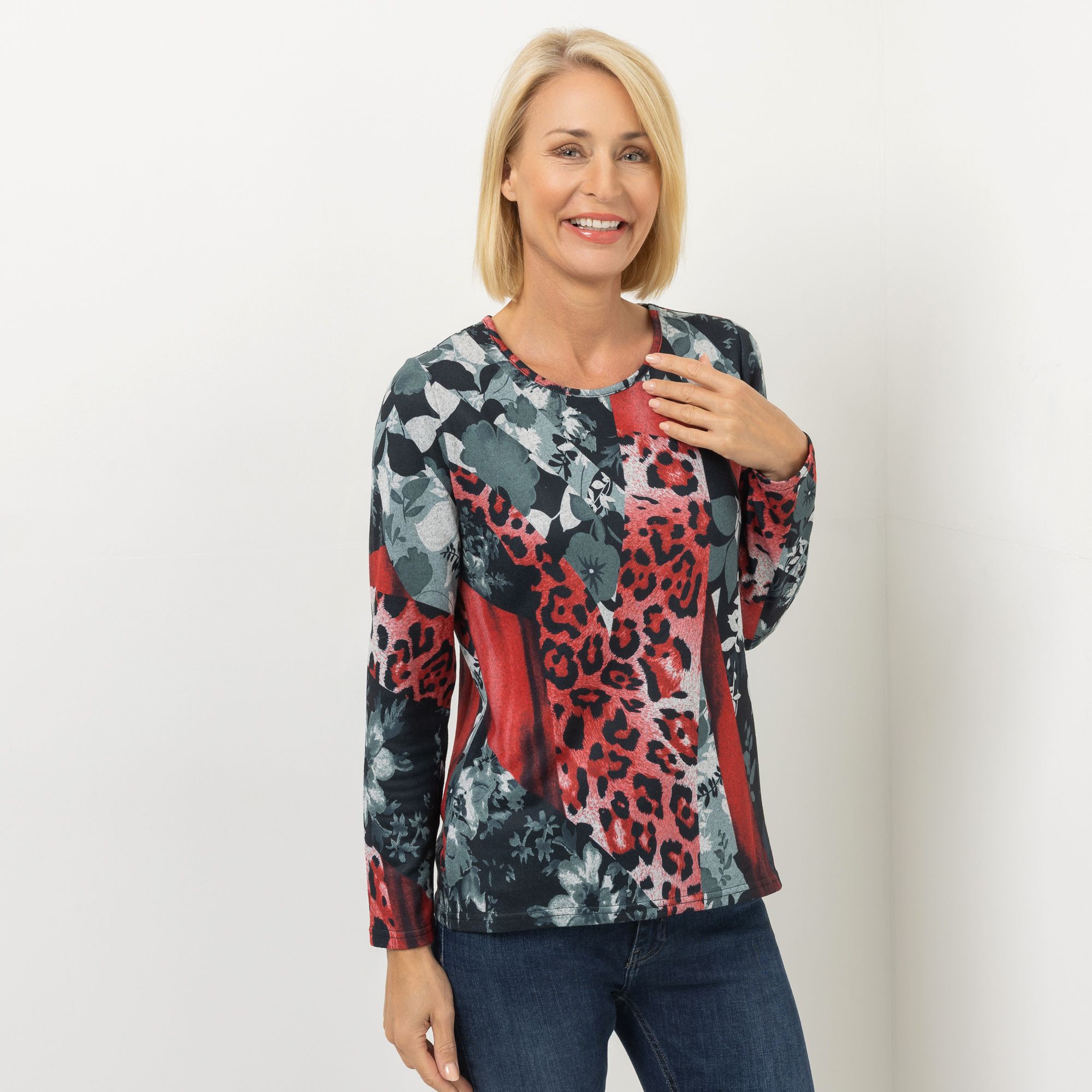 DENIM & CO. Pullover Rundhalsausschnitt Allover-Druck figurumspielend