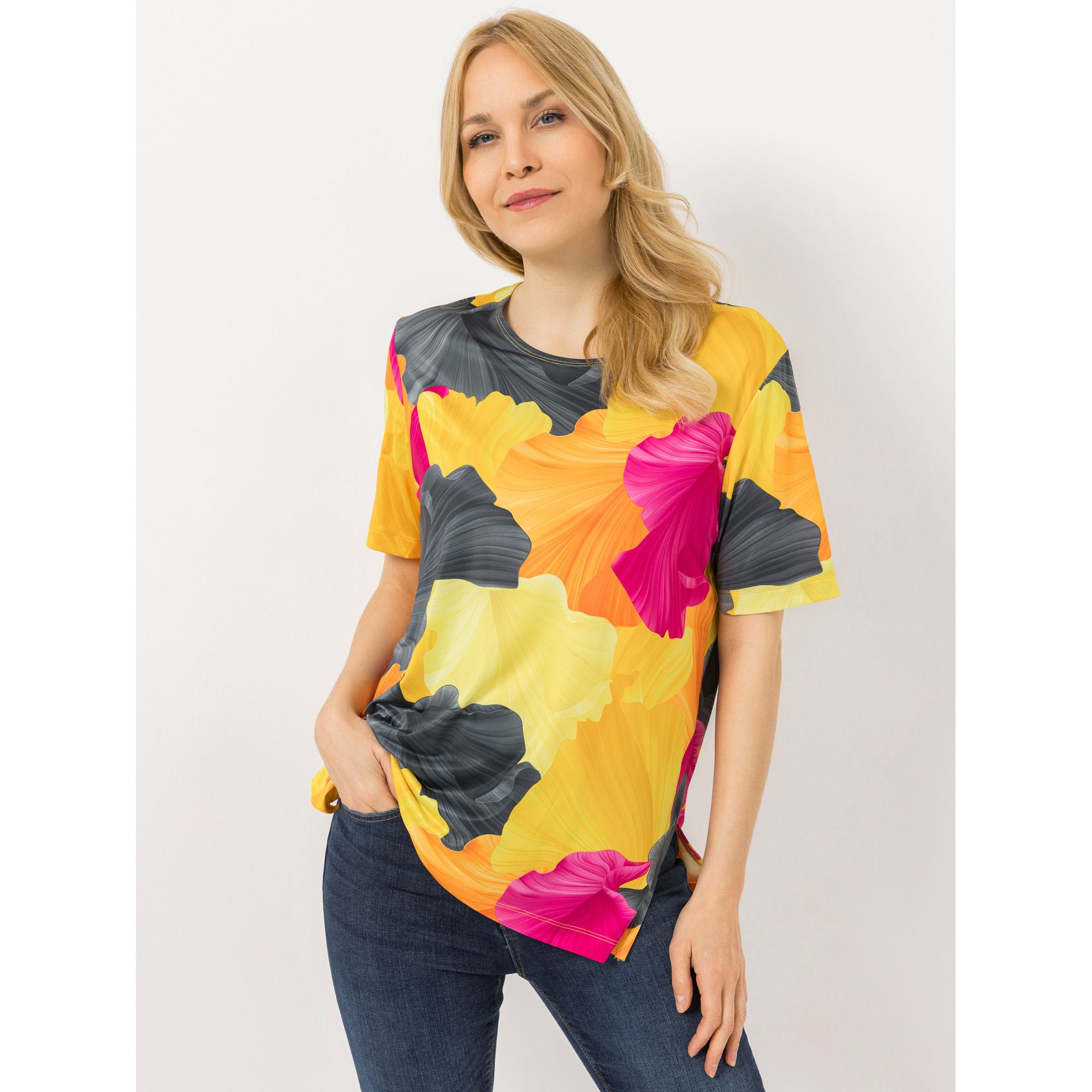 IN-PRINT Shirt, 1/2-Arm Rundhalsausschnitt Seitenschlitze Allover-Druck