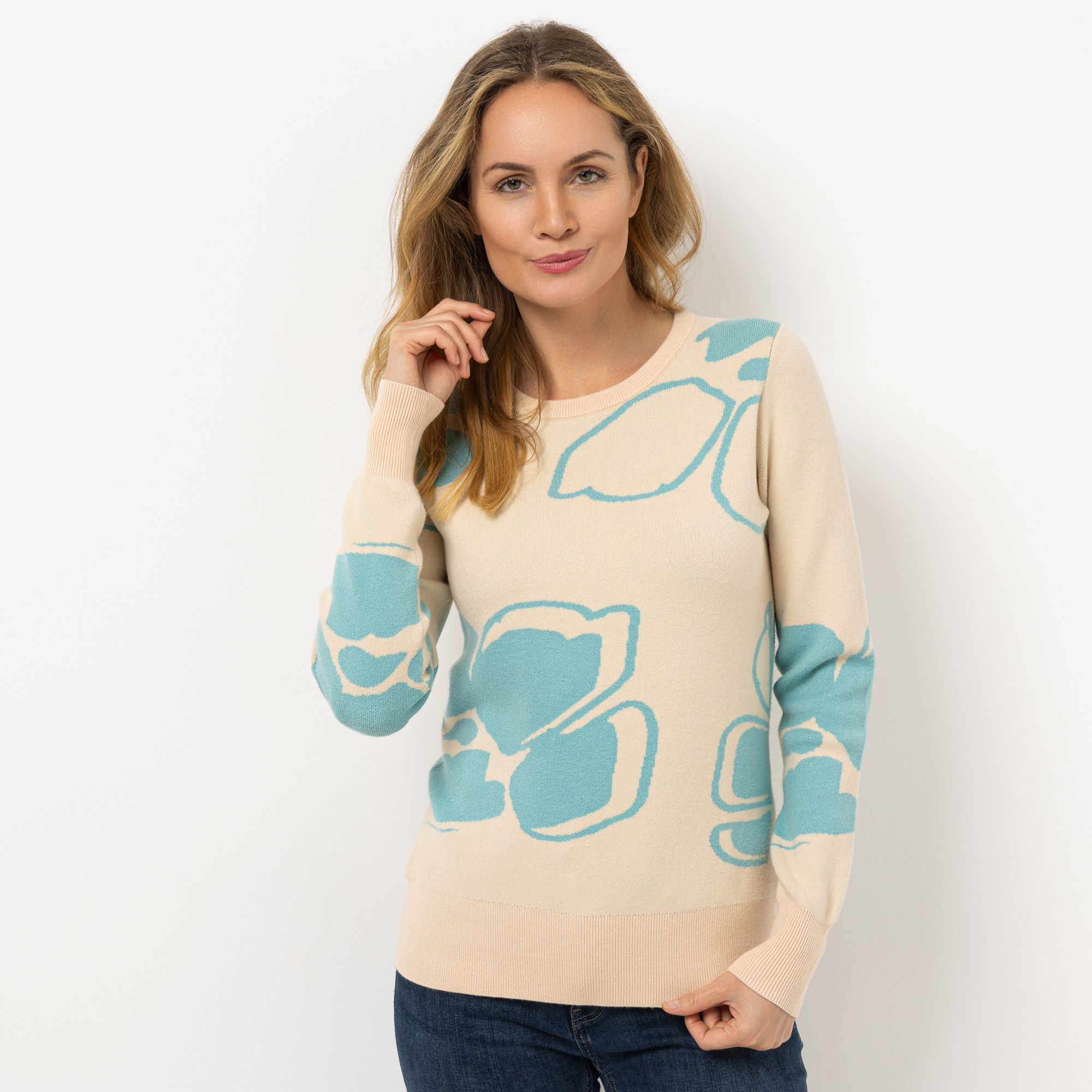 VIA MILANO Pullover, 1/1-Arm Rundhalsausschnitt Blumen-Jacquard figurumspielend