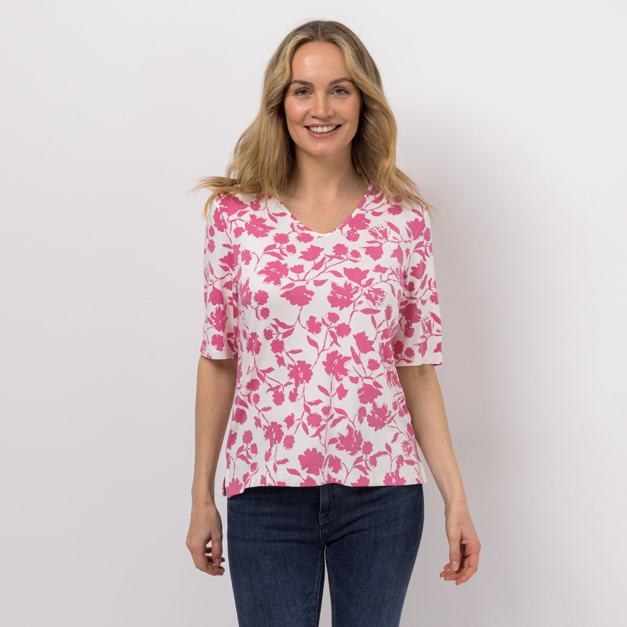 DENIM & CO. Shirt, langer 1/2-Arm V-Ausschnitt Seitenschlitze Allover-Druck