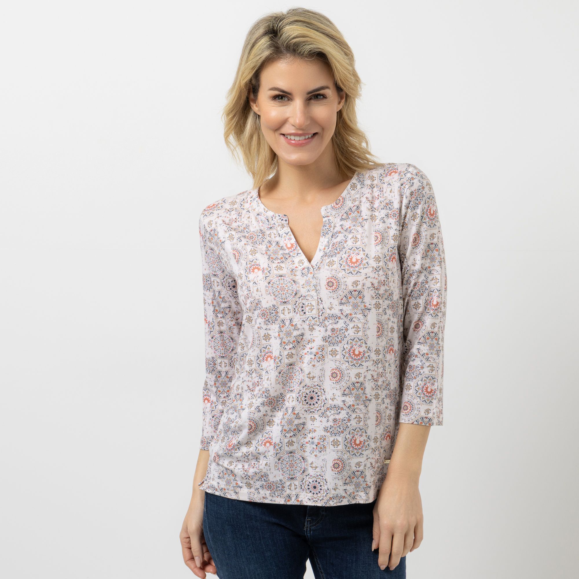 AMINATI® Jerseybluse, 3/4-Arm Serafinokragen Seitenschlitze Allover-Druck