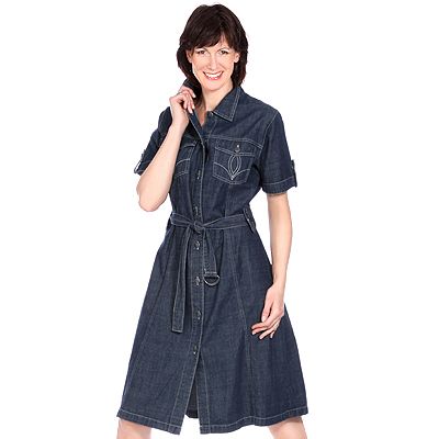 Denim Co Jeanskleid 1 2 Arm Knopfleiste Blusenkragen Aufgesetzte Taschen Qvc De