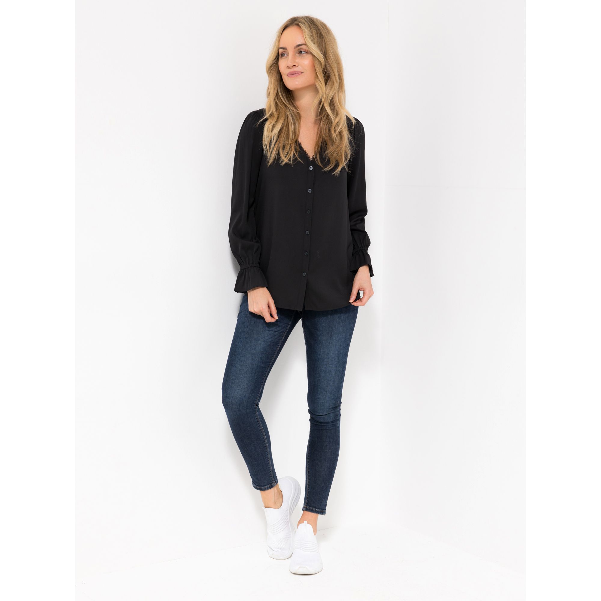 VIA MILANO Bluse, 1/1-Arm V-Ausschnitt Spitzendetail figurumspielend