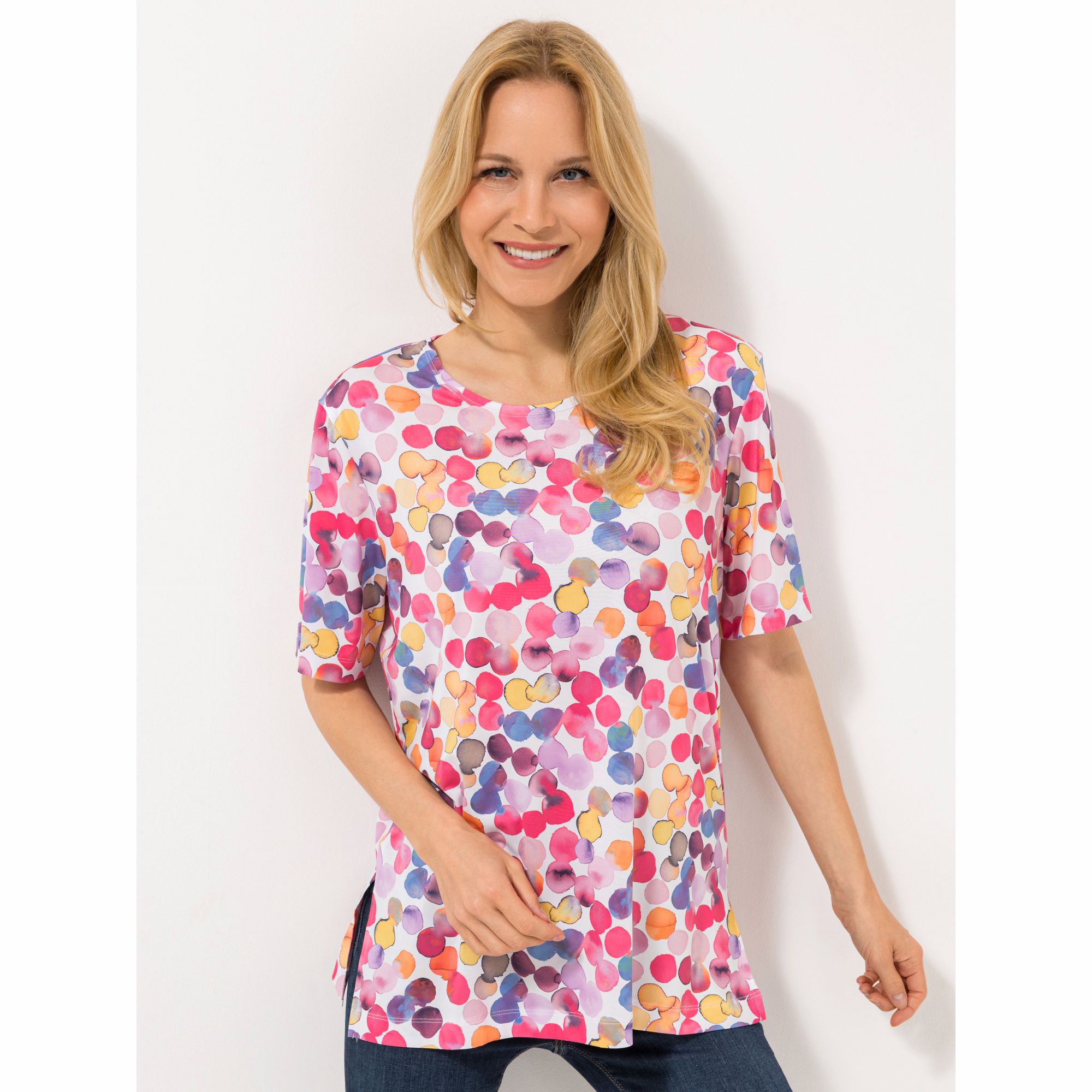 IN-Print Shirt, 1/2-Arm Rundhalsausschnitt Seitenschlitze elastische Ware