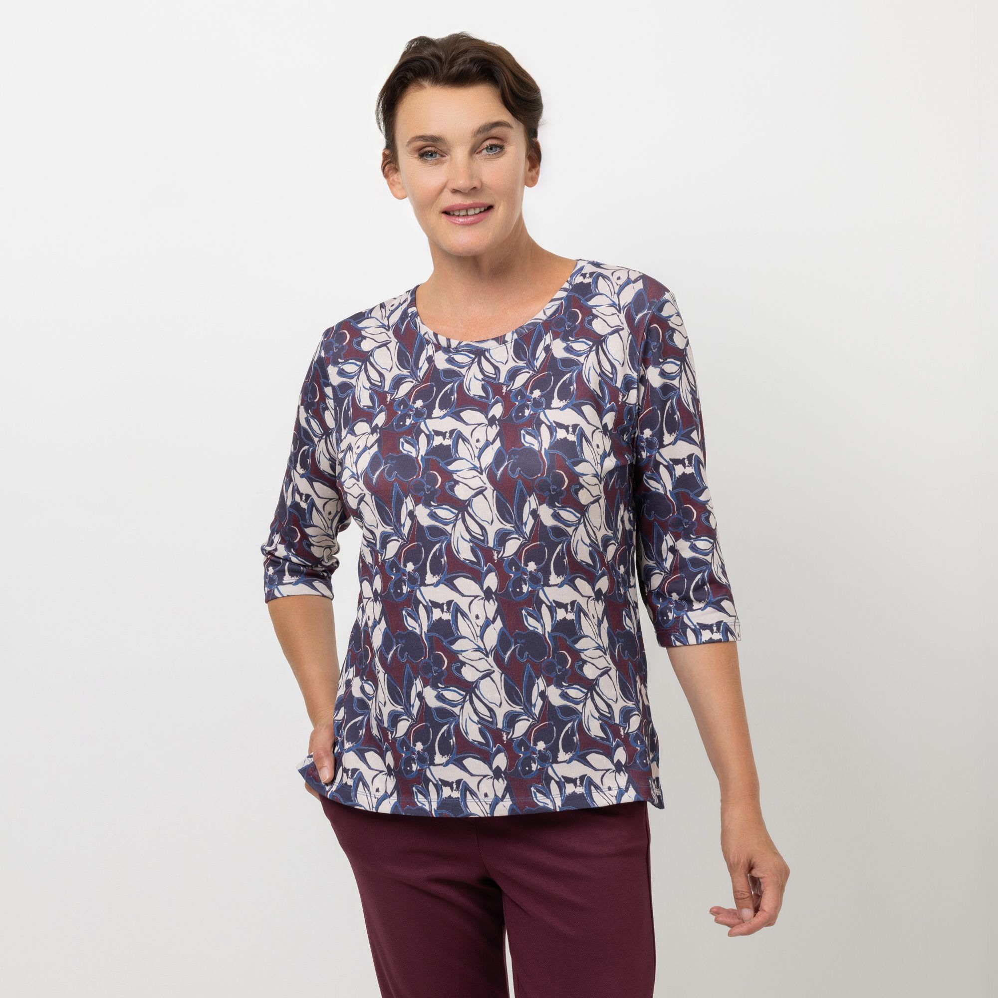 DENIM & CO. Shirt, 3/4-Arm Rundhalsausschnitt Seitenschlitze Allover-Druck