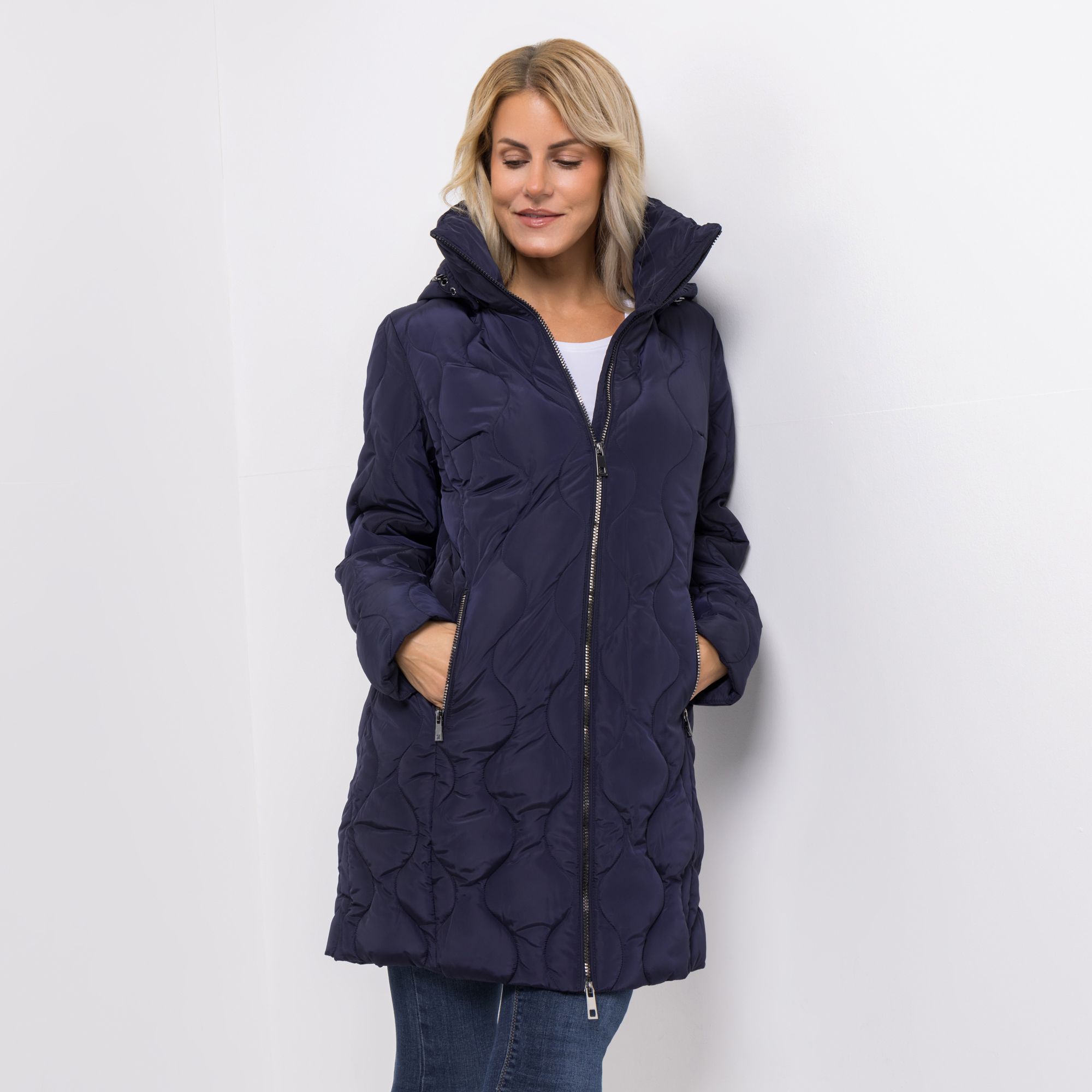 CENTIGRADE Steppmantel hoher Zierstehkragen 2-Wege-Reißverschluss Wellensteppung