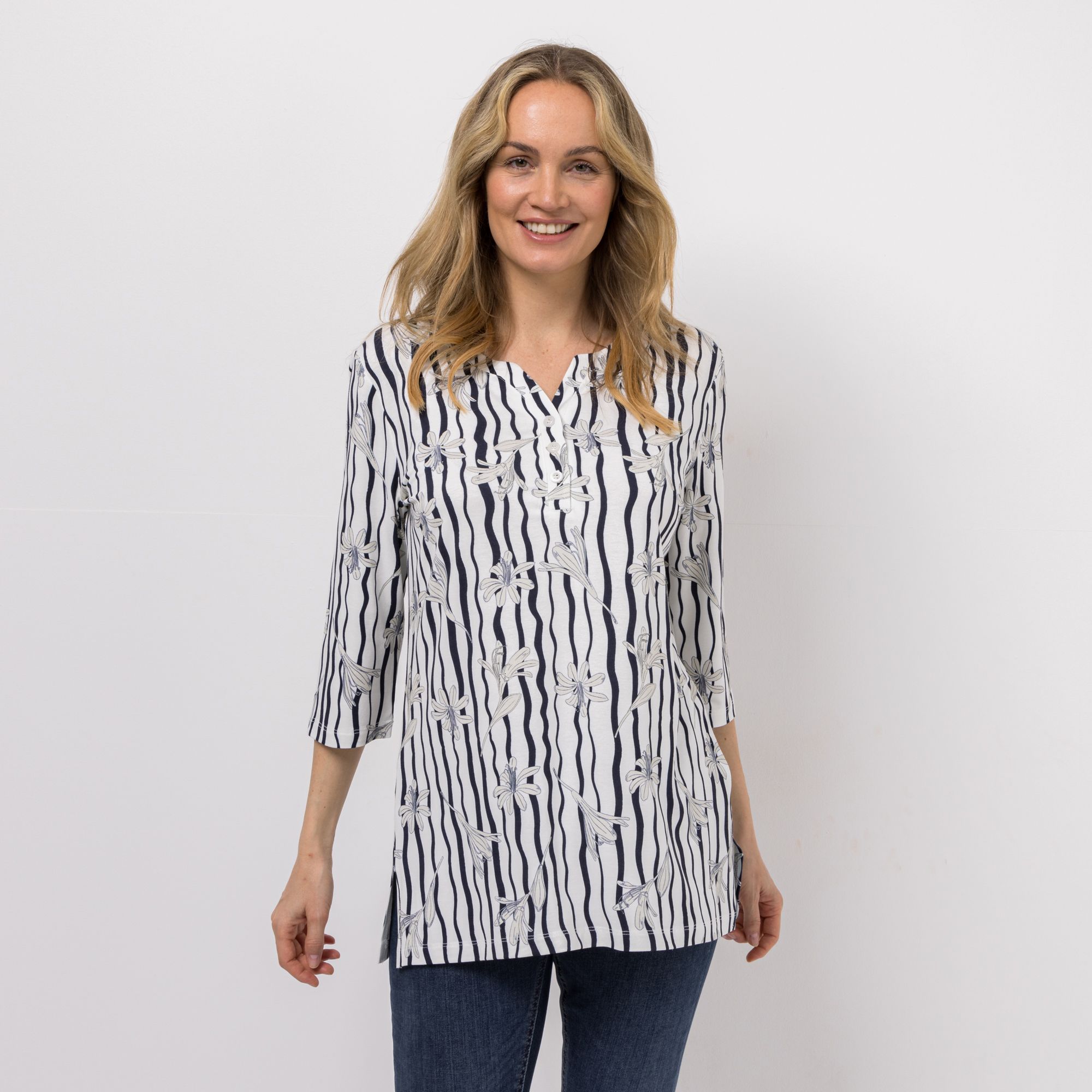 DENIM & CO. Longshirt, 3/4-Arm halbe Knopfleiste Seitenschlitze Allover-Druck