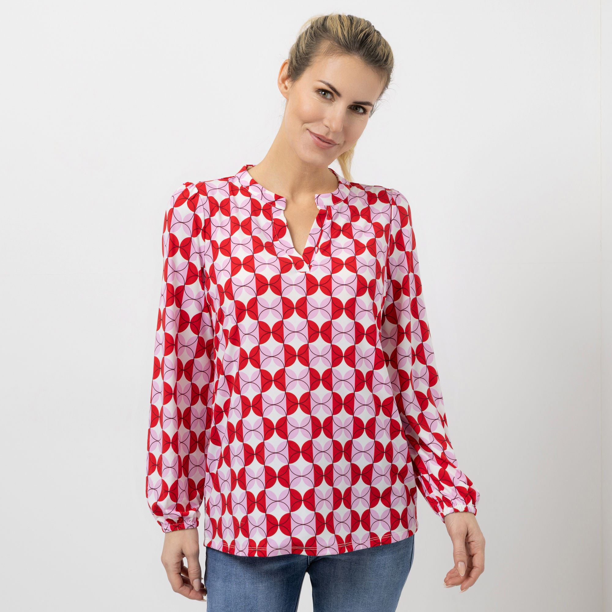 VIA MILANO Shirt, 1/1-Arm Serafino-Ausschnitt elastischer Ärmelsaum leger weit