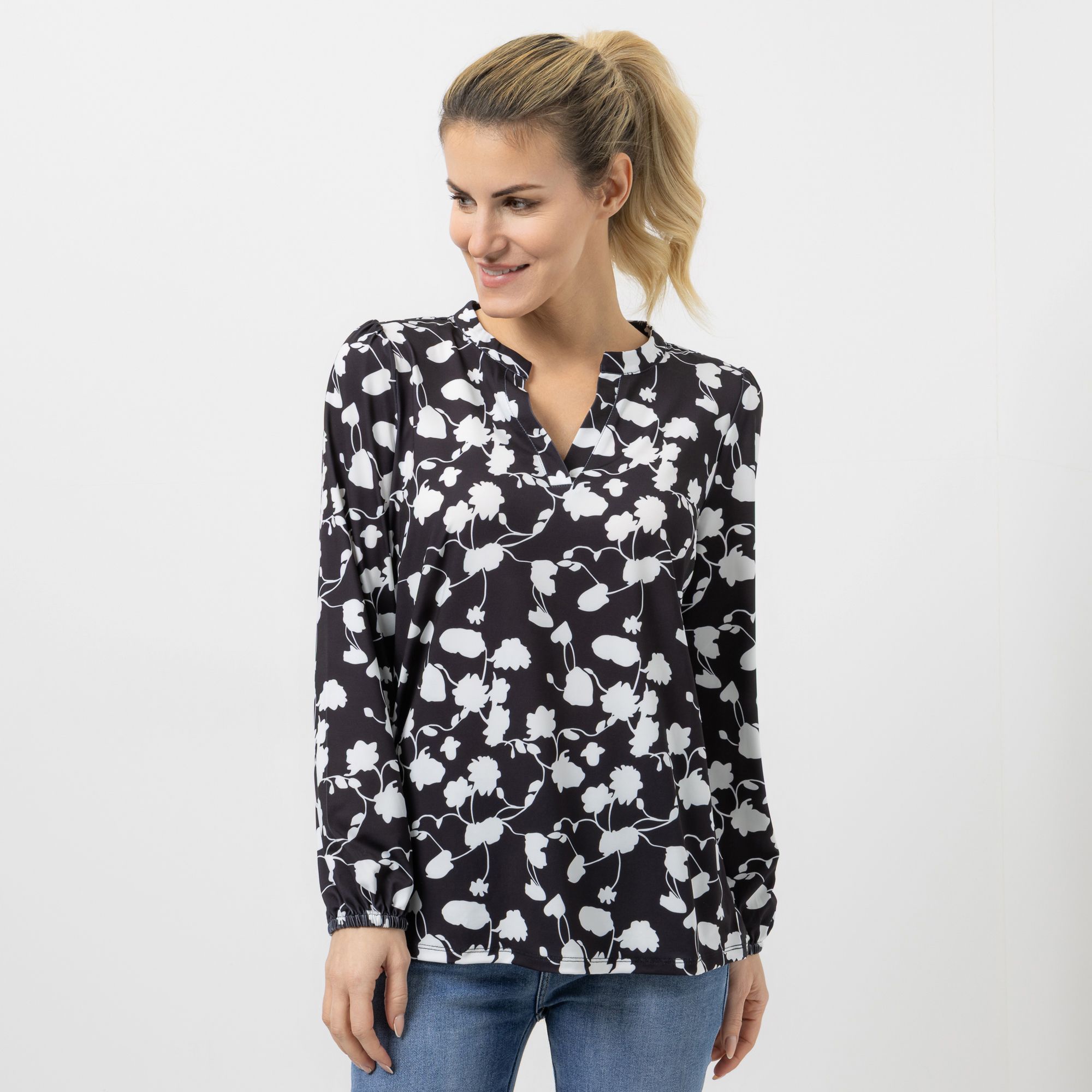 VIA MILANO Shirt, 1/1-Arm Serafino-Ausschnitt elastischer Ärmelsaum leger weit