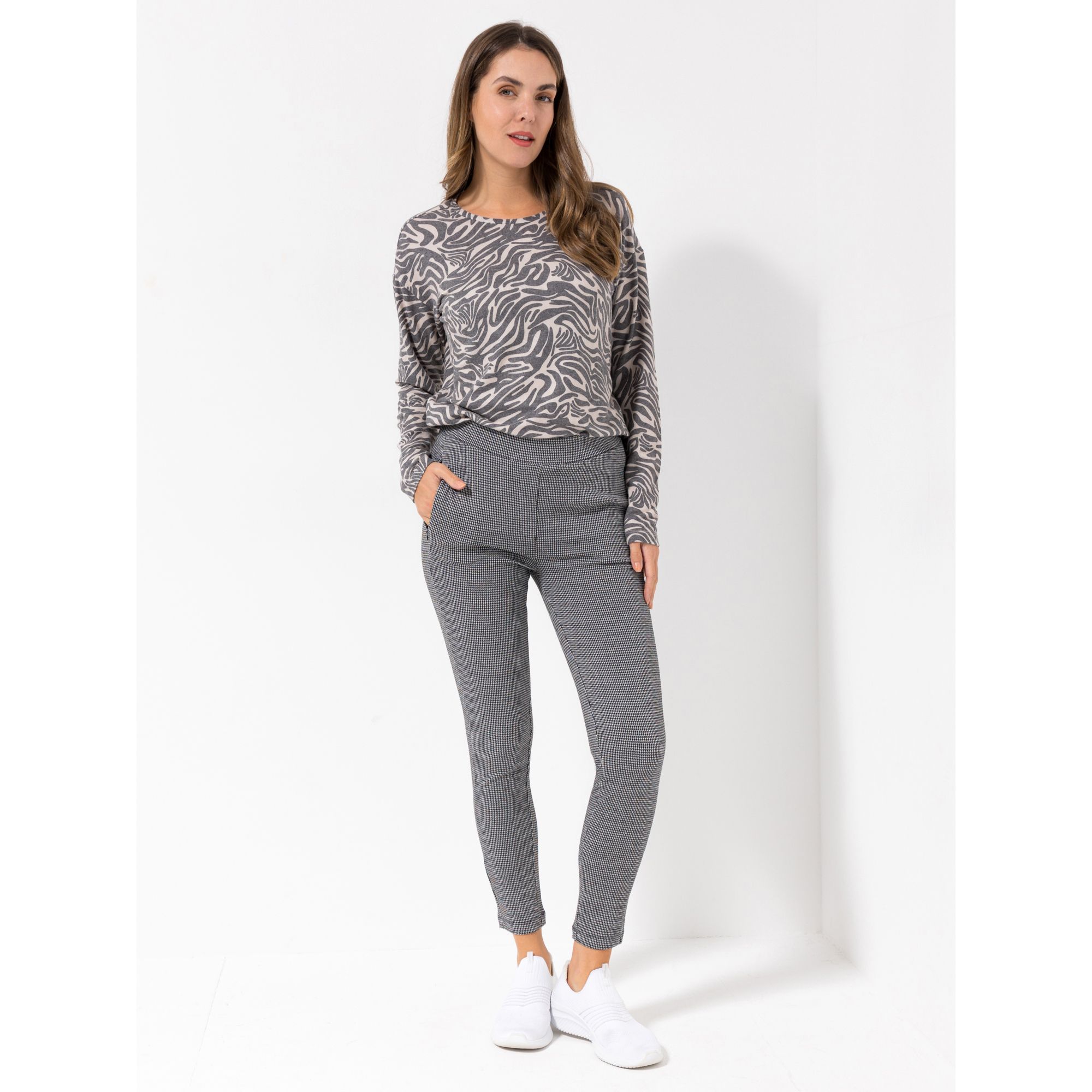 LYLA Leggings, knöchellang elastische Ware Reißverschlusstaschen Hahnentrittmuster