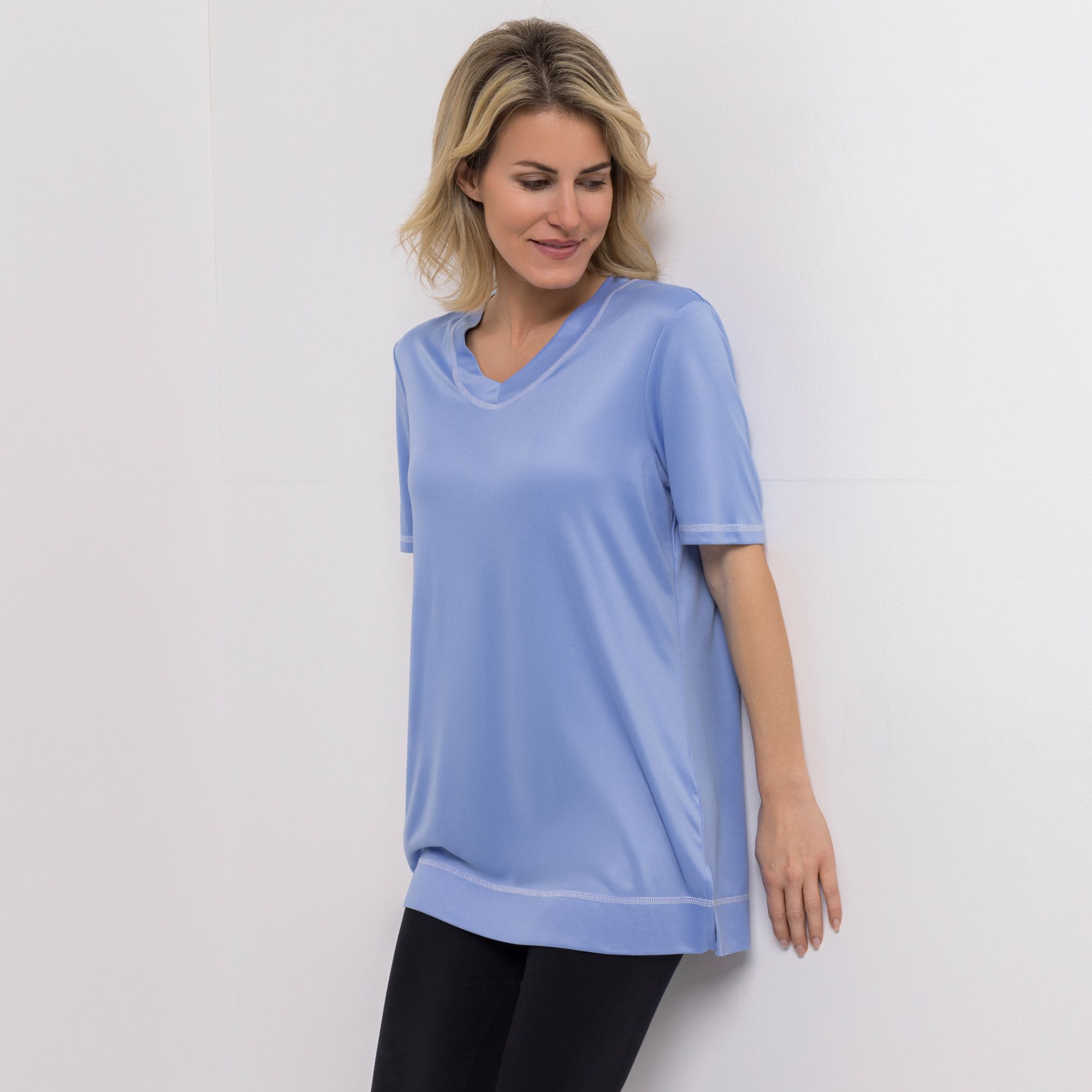 JERYMOOD HOMEWEAR Longshirt, 1/2-Arm V-Ausschnitt Kontrastnähte Seitenschlitzen