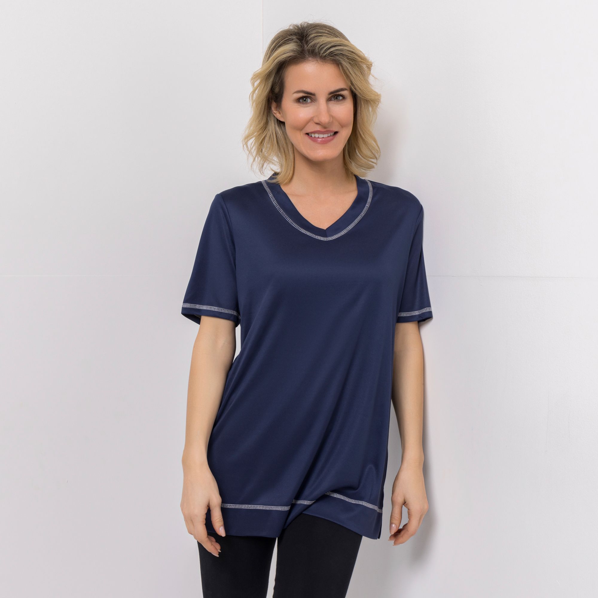 JERYMOOD HOMEWEAR Longshirt, 1/2-Arm V-Ausschnitt Kontrastnähte Seitenschlitzen