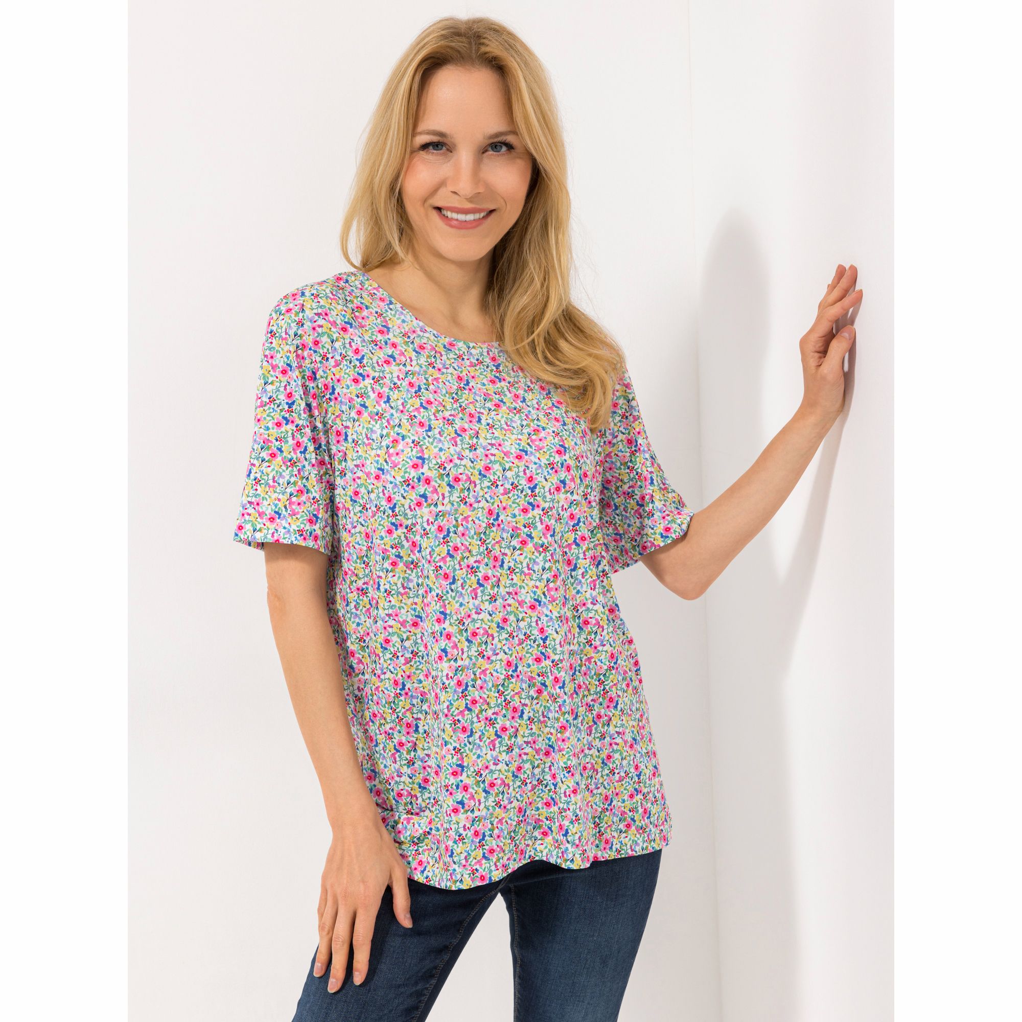 IN-PRINT Shirt, 1/2-Arm Rundhalsausschnitt Seitenschlitze Blumendruck