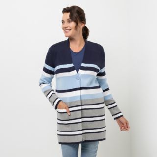 DENIM & CO. Strickmantel Streifendesign aufgesetzte Taschen oberschenkelbedeckend