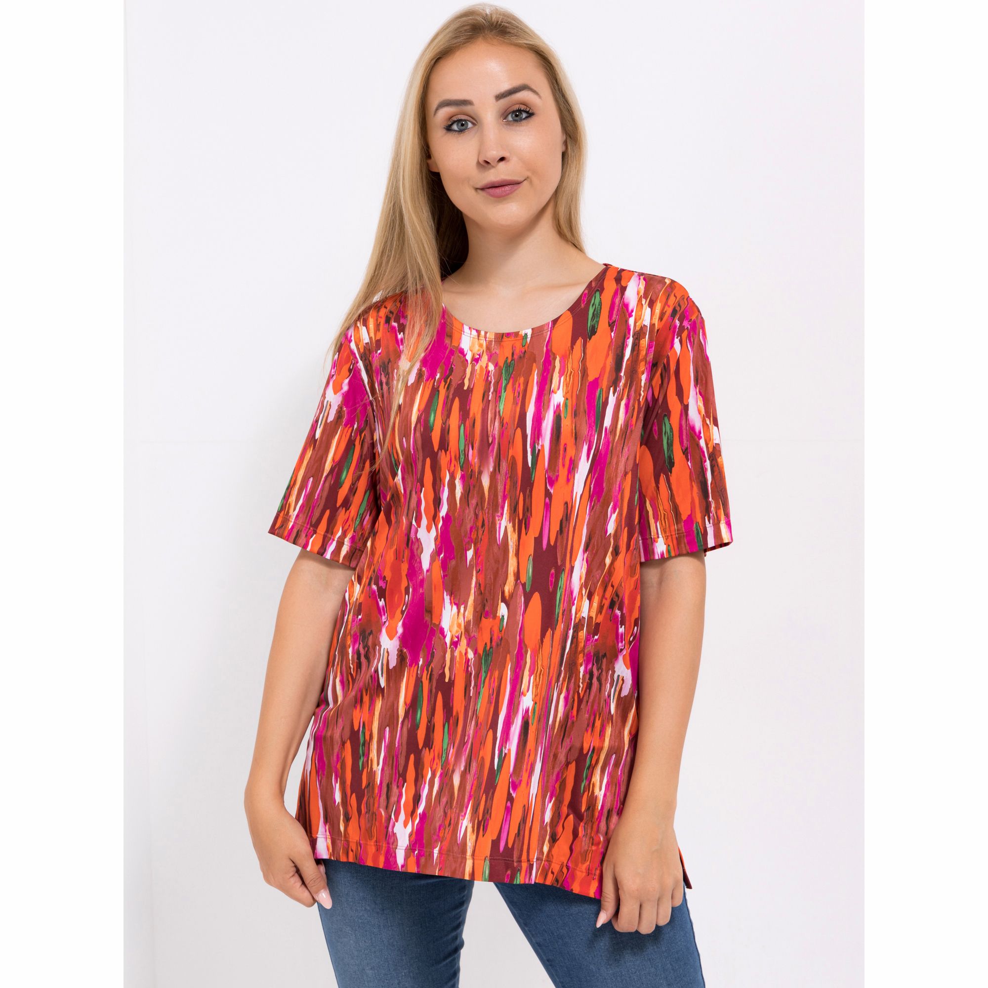 IN-PRINT Shirt, 1/2-Arm Rundhalsausschnitt Seitenschlitze Allover-Print