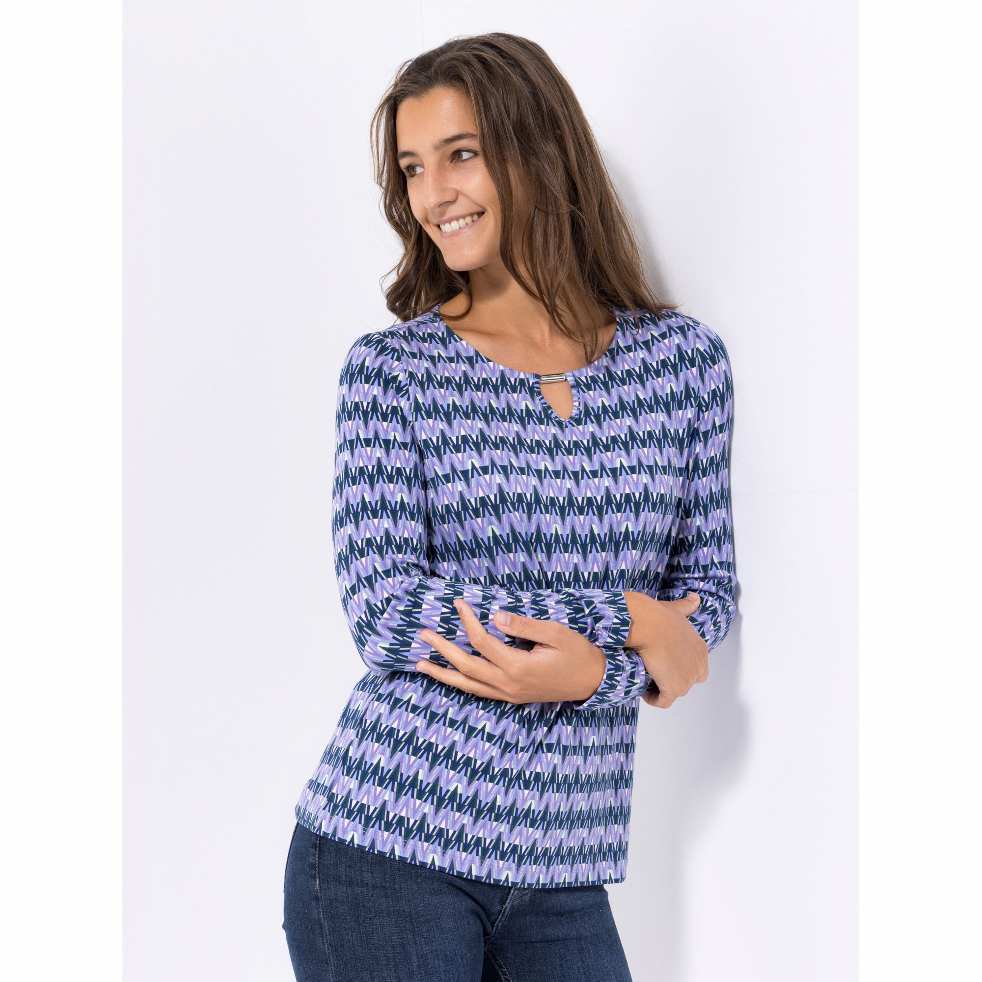 DENIM & CO. Shirt, 1/1-Arm Rundhalsausschnitt Schmuckdetail mit ECOVERO Viskose