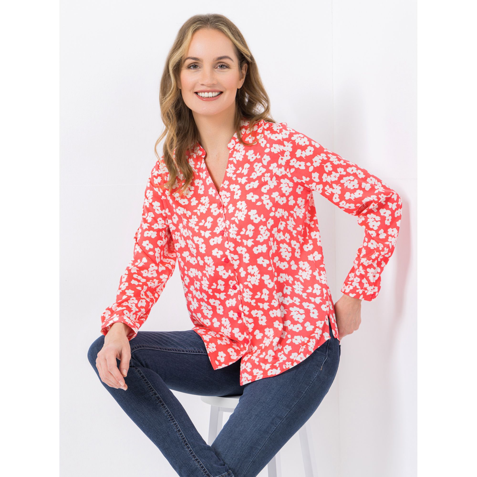 VIA MILANO Bluse, 1/1-Arm Stehkragen mit V-Ausschnitt leger weit