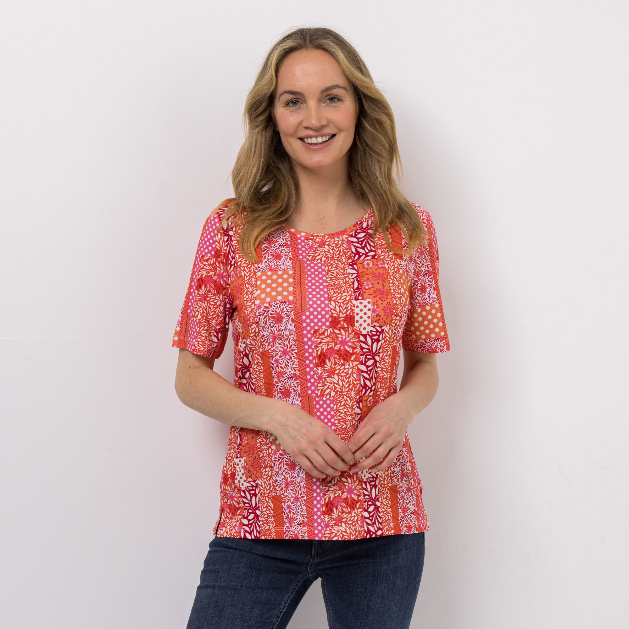 DENIM & CO. Shirt, 1/2-Arm Rundhalsausschnitt Allover-Druck figurumspielend