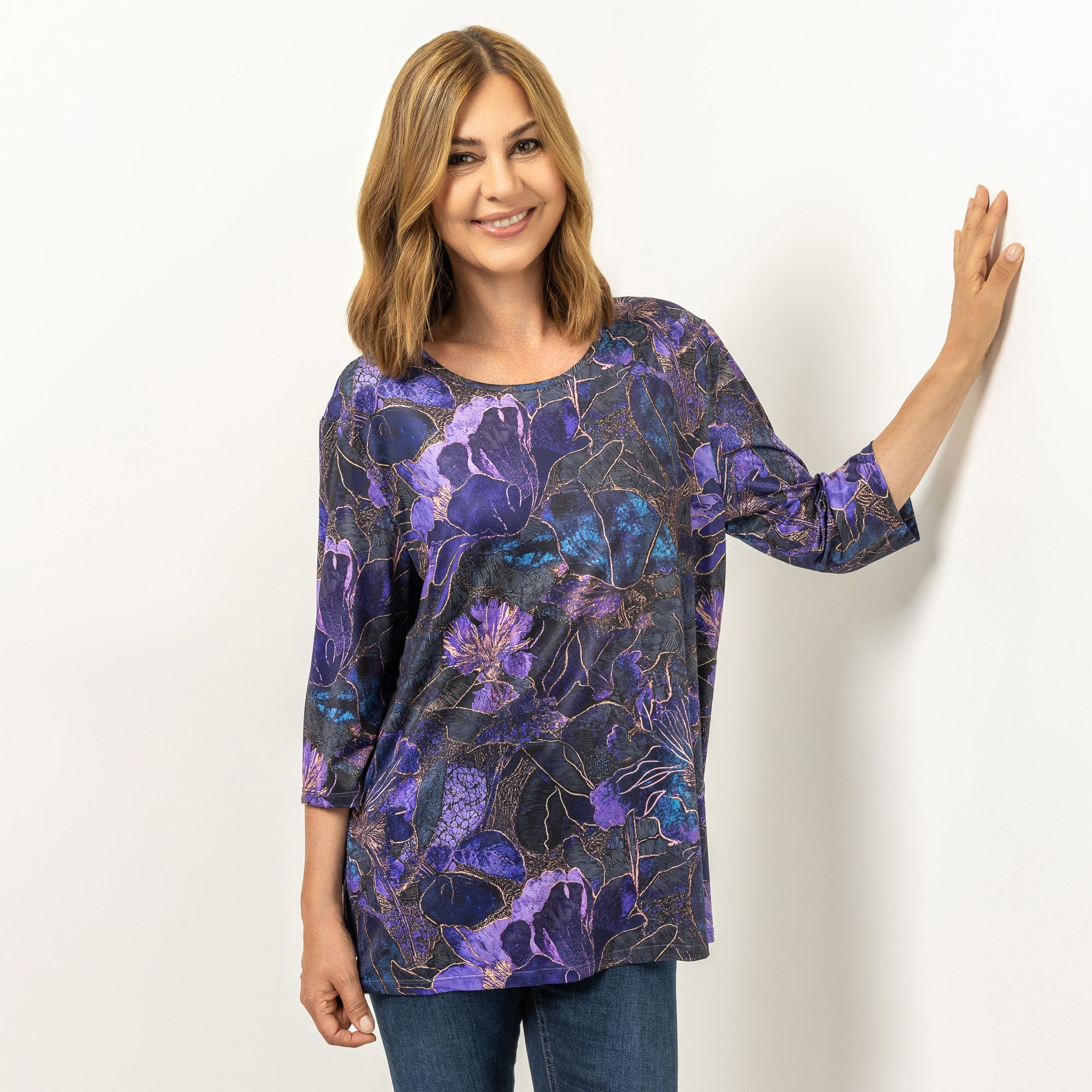 IN-PRINT Shirt, 3/4-Arm Rundhalsausschnitt Seitenschlitze bedruckt
