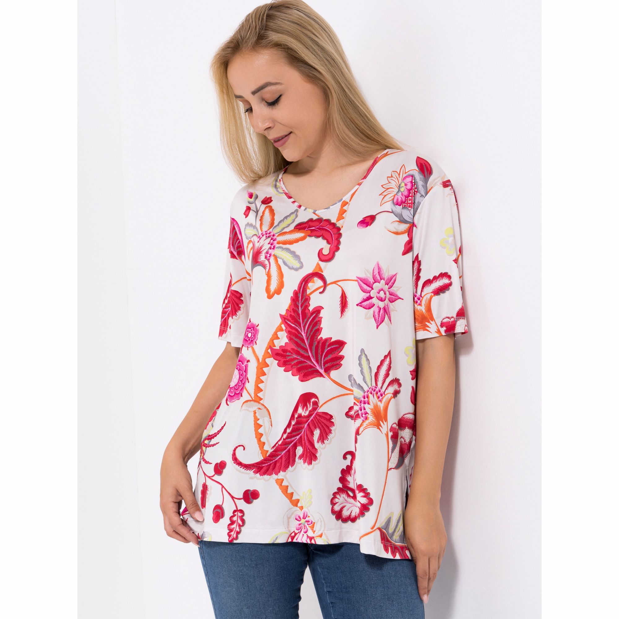 IN-PRINT Shirt, 1/2-Arm V-Ausschnitt Seitenschlitze leger-weit