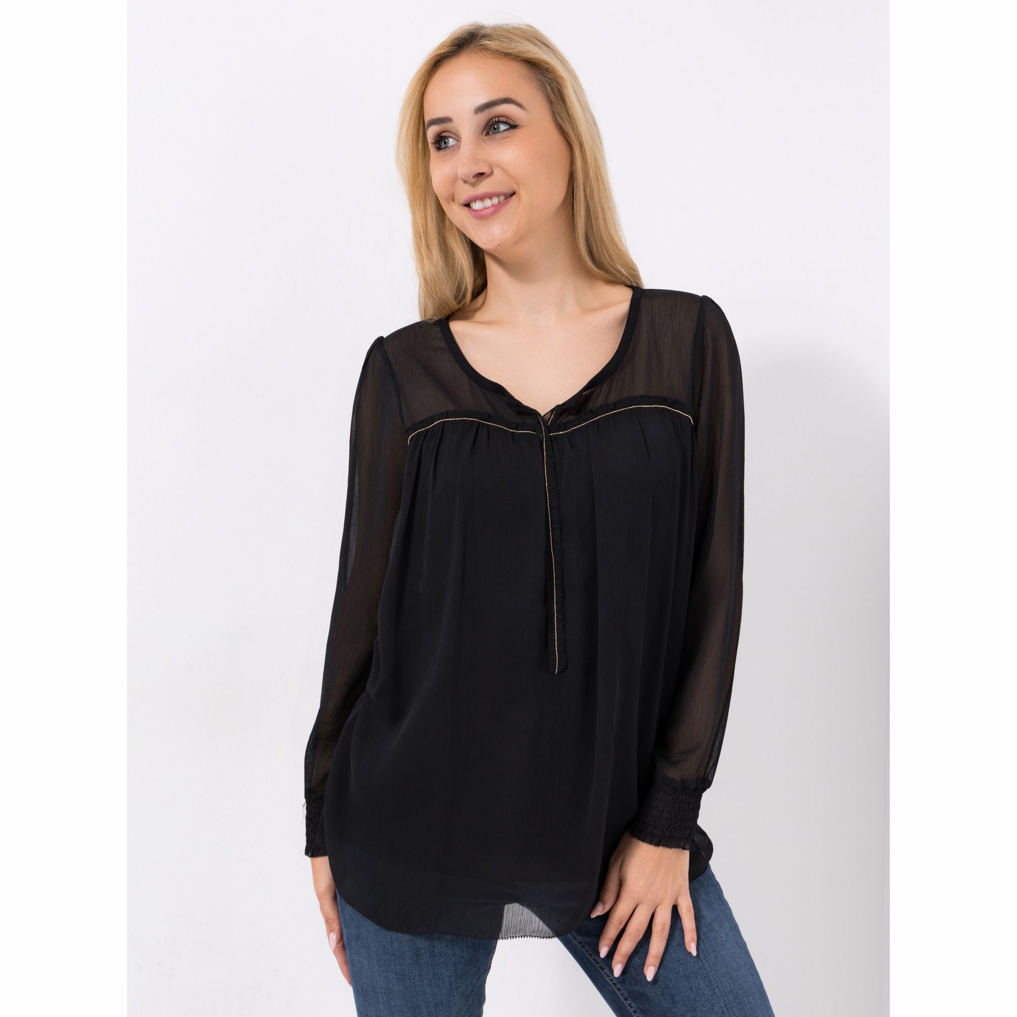 VIA MILANO Bluse, 1/1-Arm Chiffon Zierausschnitt und Zierkettendetails