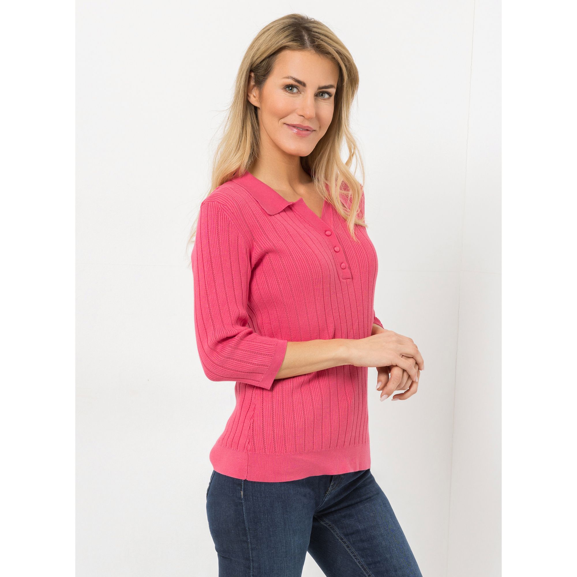 VIA MILANO Pullover, 3/4-Arm Polo-Kragen Zierknöpfe figurbetont