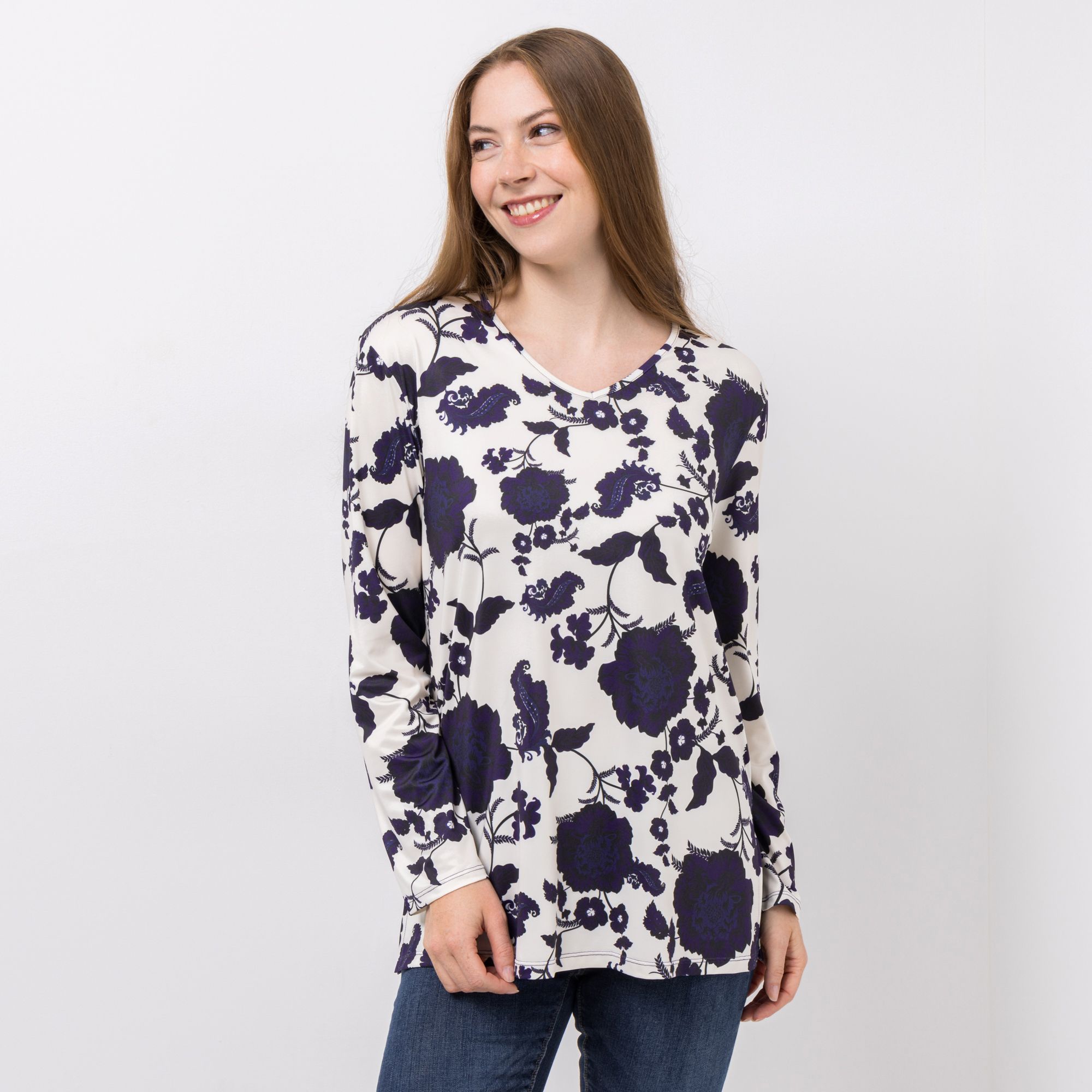 IN-PRINT Jersey-Shirt, 1/1-Arm V-Ausschnitt Seitenschlitze Leger weit