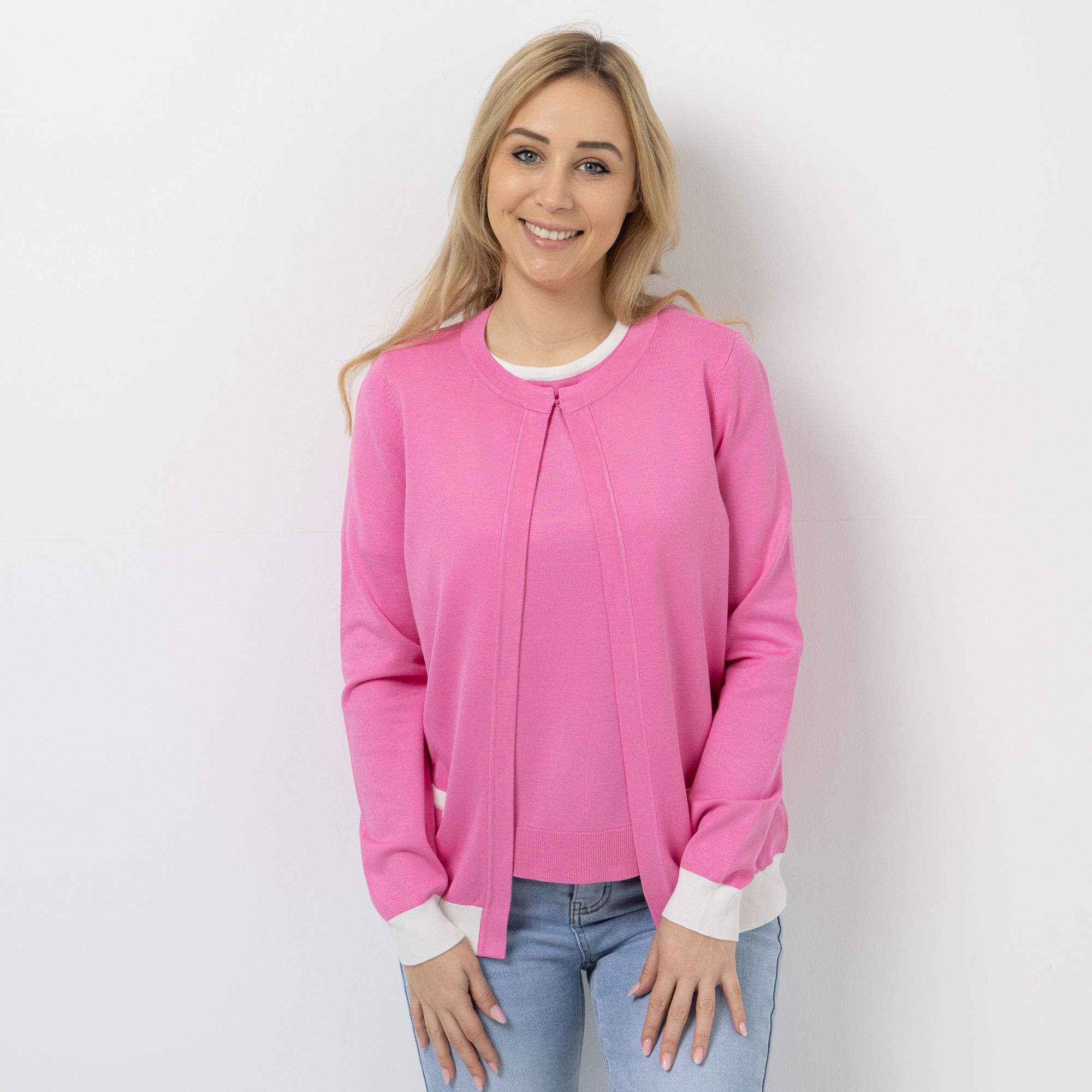 VIA MILANO Cardigan, 1/1-Arm offene Front Häkchen-Verschluss Kontrast-Details