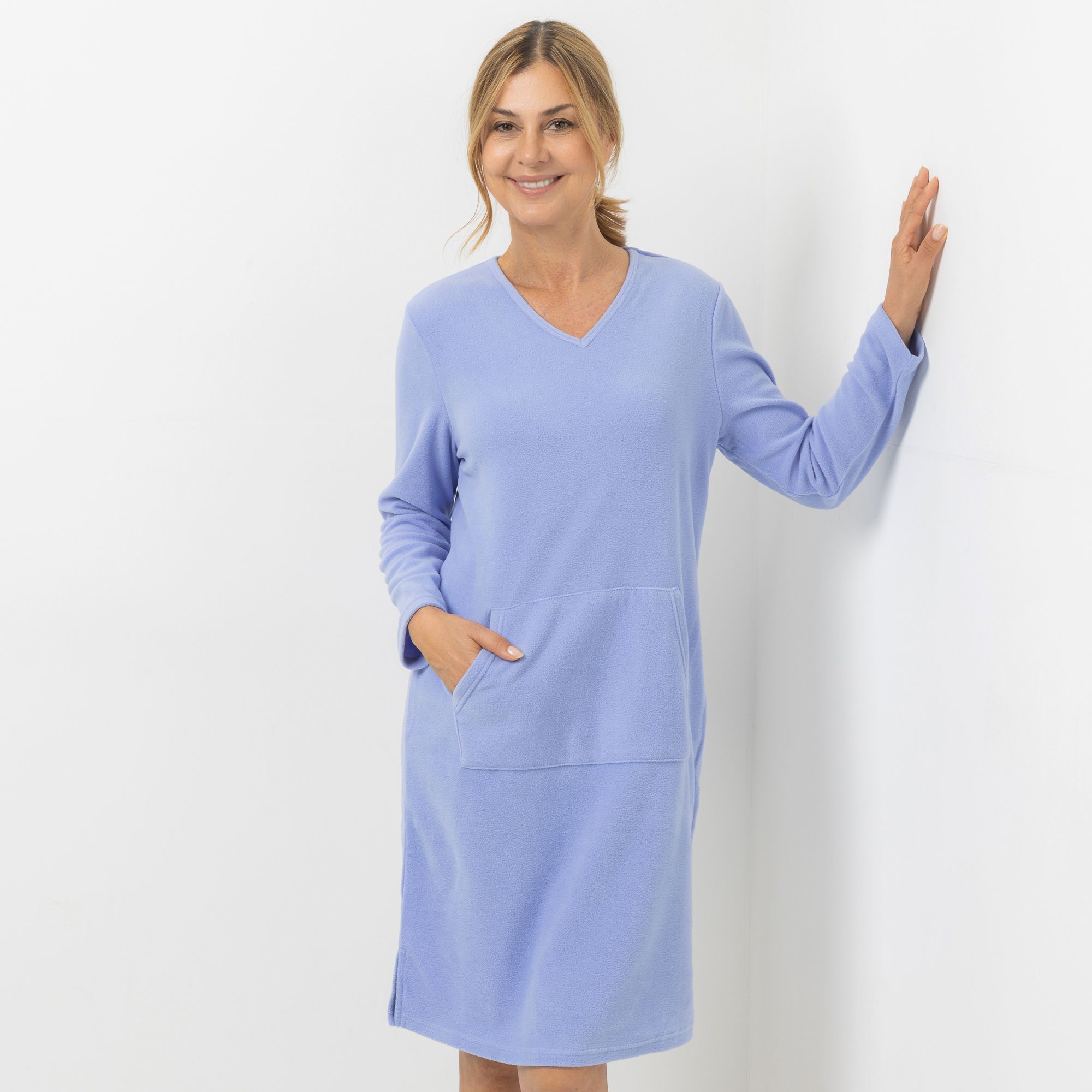 POLARSTERN HOMEWEAR Kleid Mikrofaser Fleece V-Ausschnitt Kängurutasche