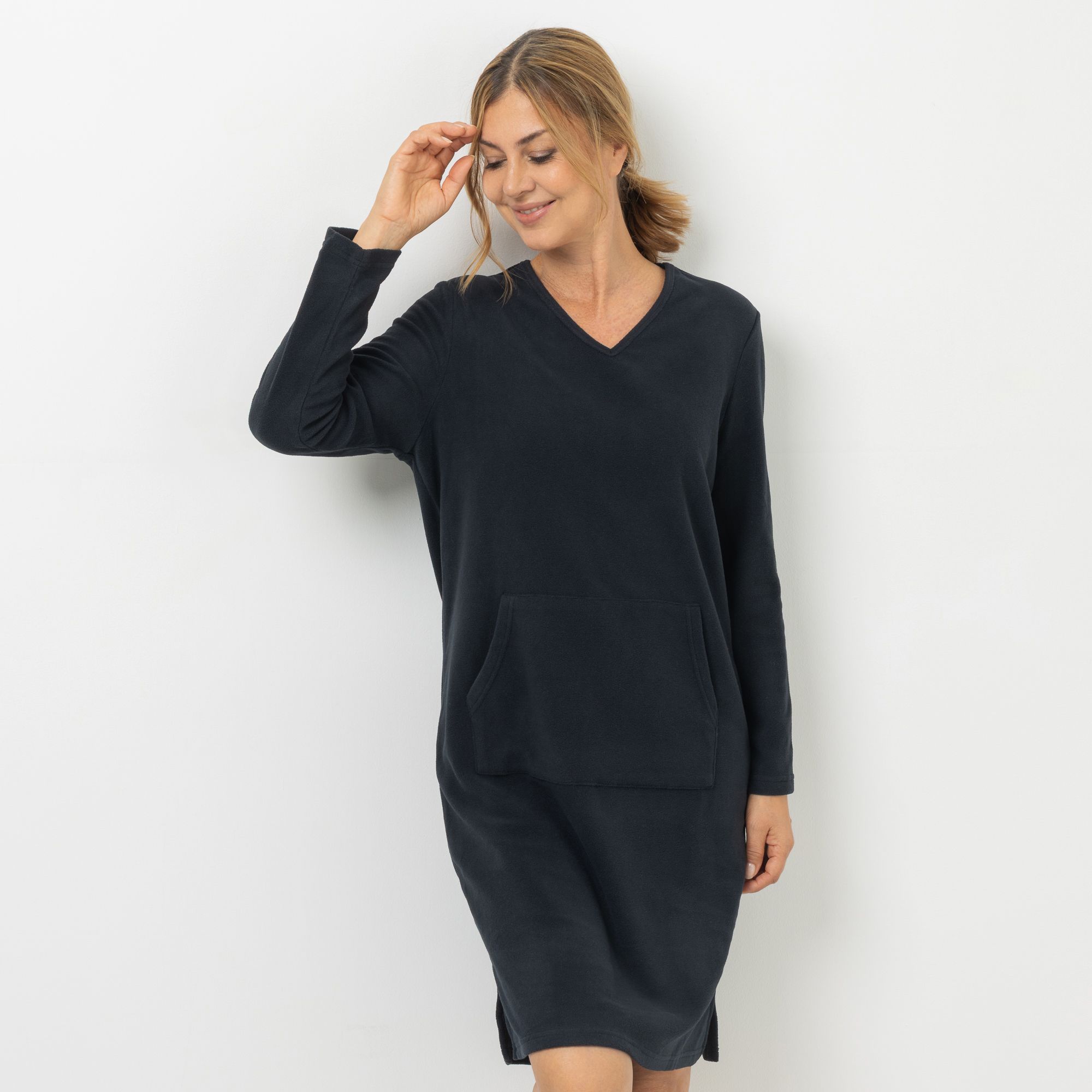 POLARSTERN HOMEWEAR Kleid Mikrofaser Fleece V-Ausschnitt Kängurutasche