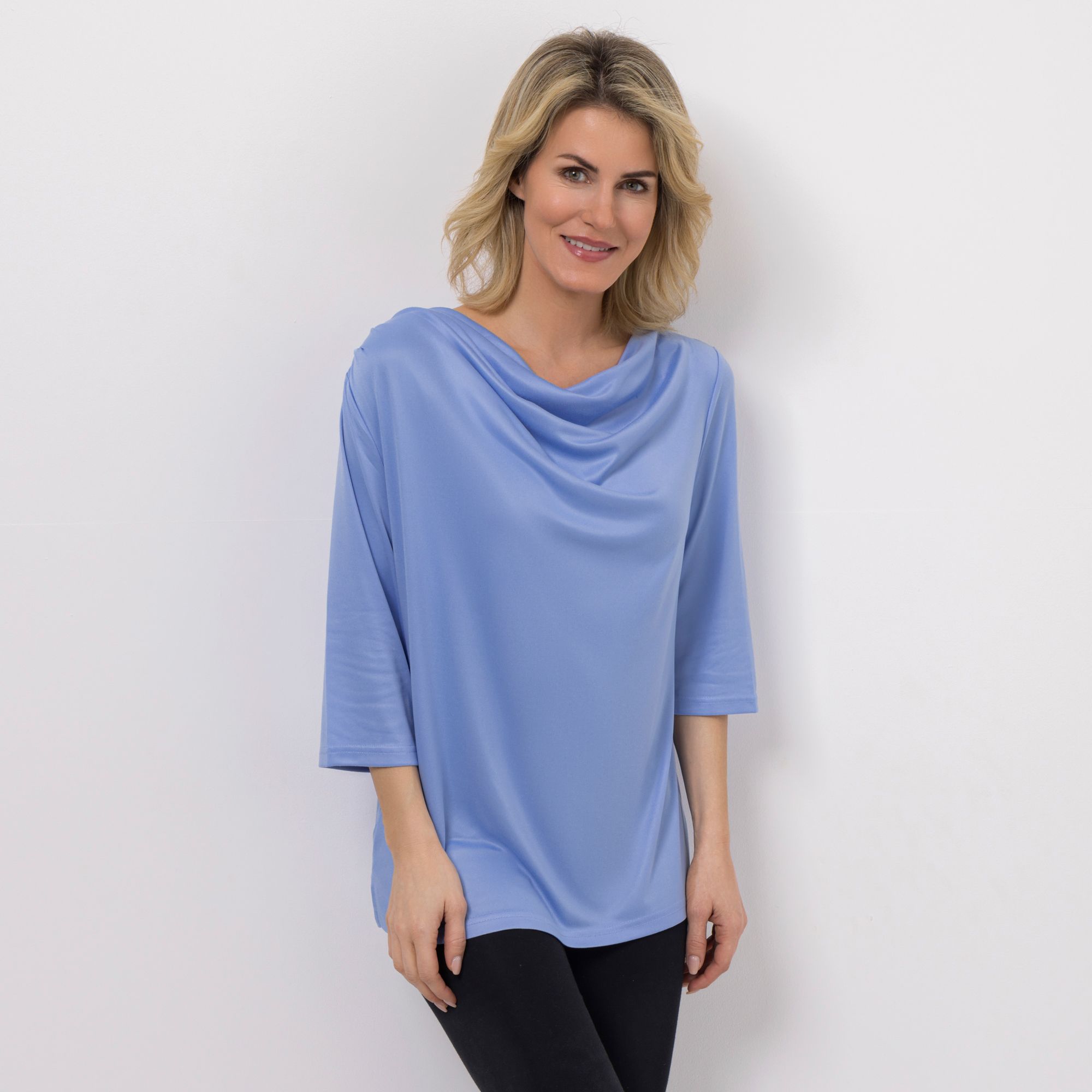 JERYMOOD HOMEWEAR Shirt, 3/4 Arm Wasserfallkragen Seitenschlitze Falten am Ausschnitt