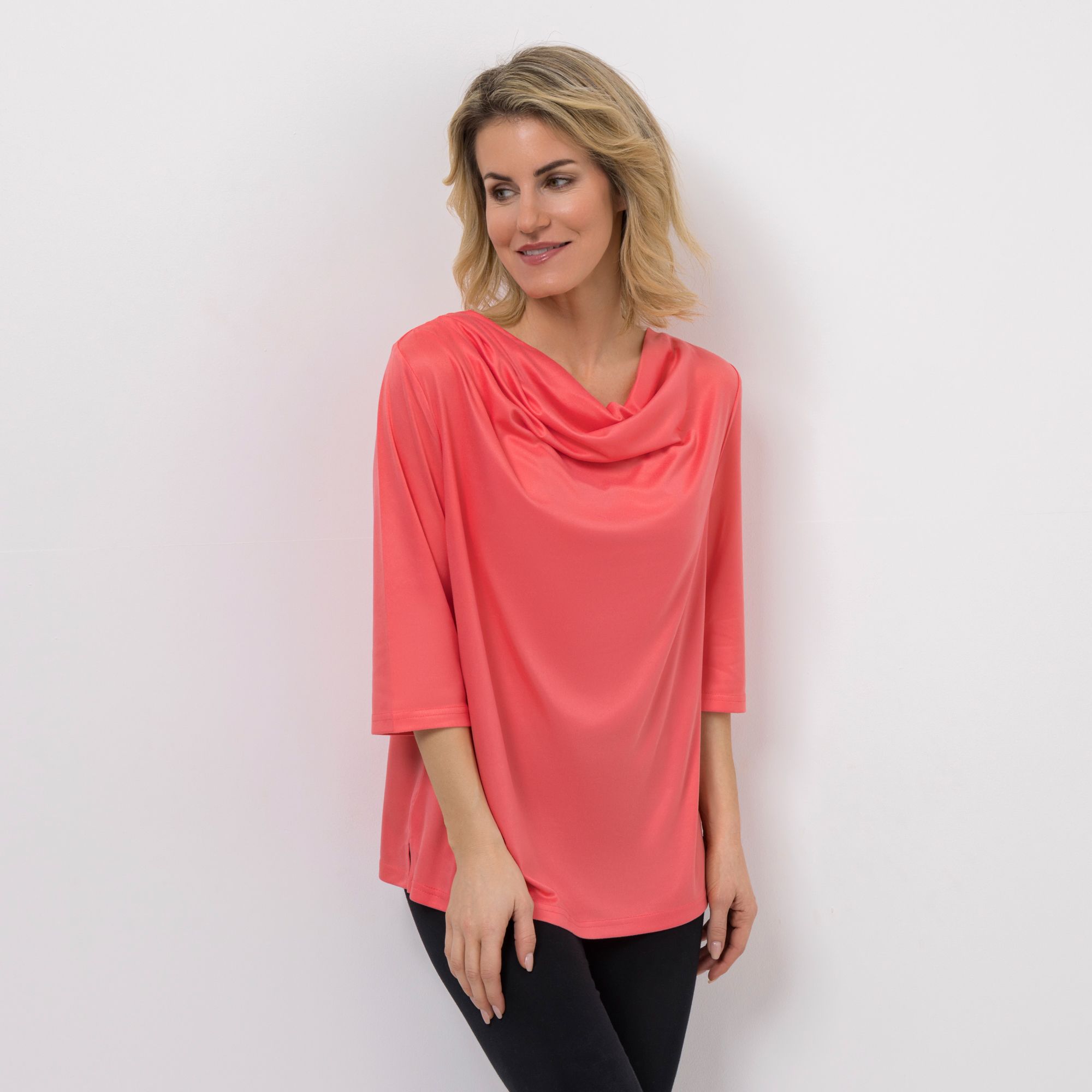 JERYMOOD HOMEWEAR Shirt, 3/4 Arm Wasserfallkragen Seitenschlitze Falten am Ausschnitt