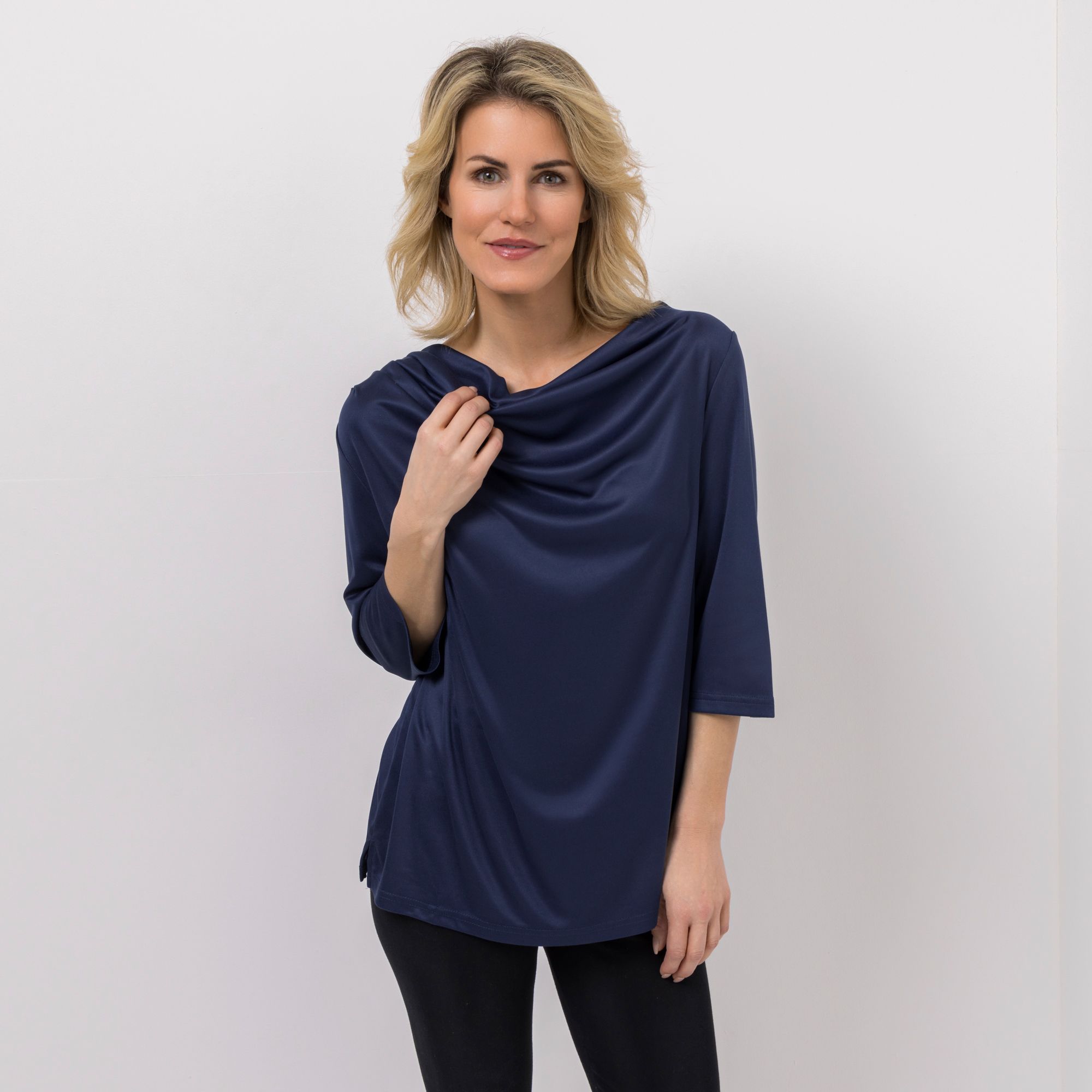 JERYMOOD HOMEWEAR Shirt, 3/4 Arm Wasserfallkragen Seitenschlitze Falten am Ausschnitt