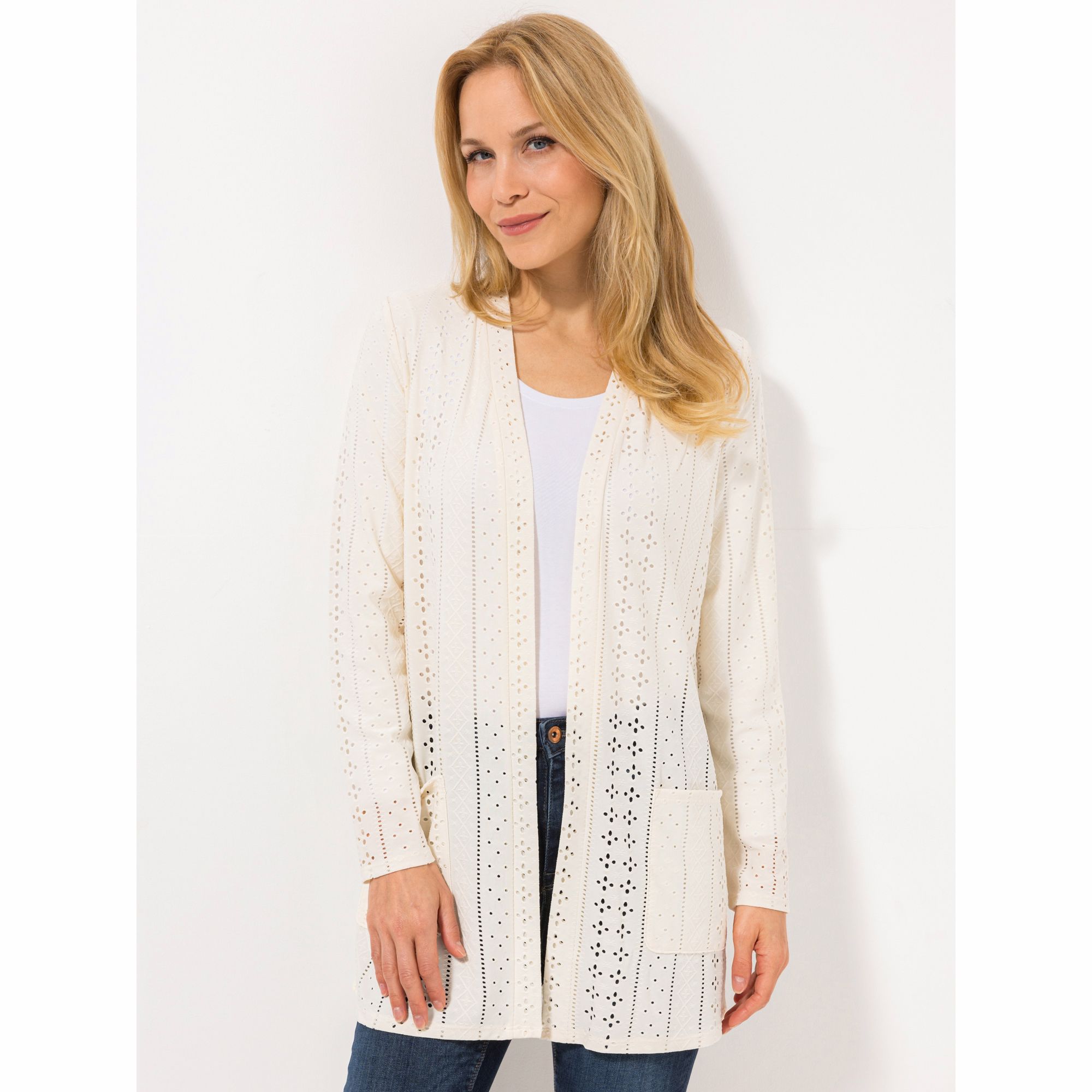 VIA MILANO Longcardigan, 1/1-Arm offene Front aufgesetzte Taschen figurumspielend