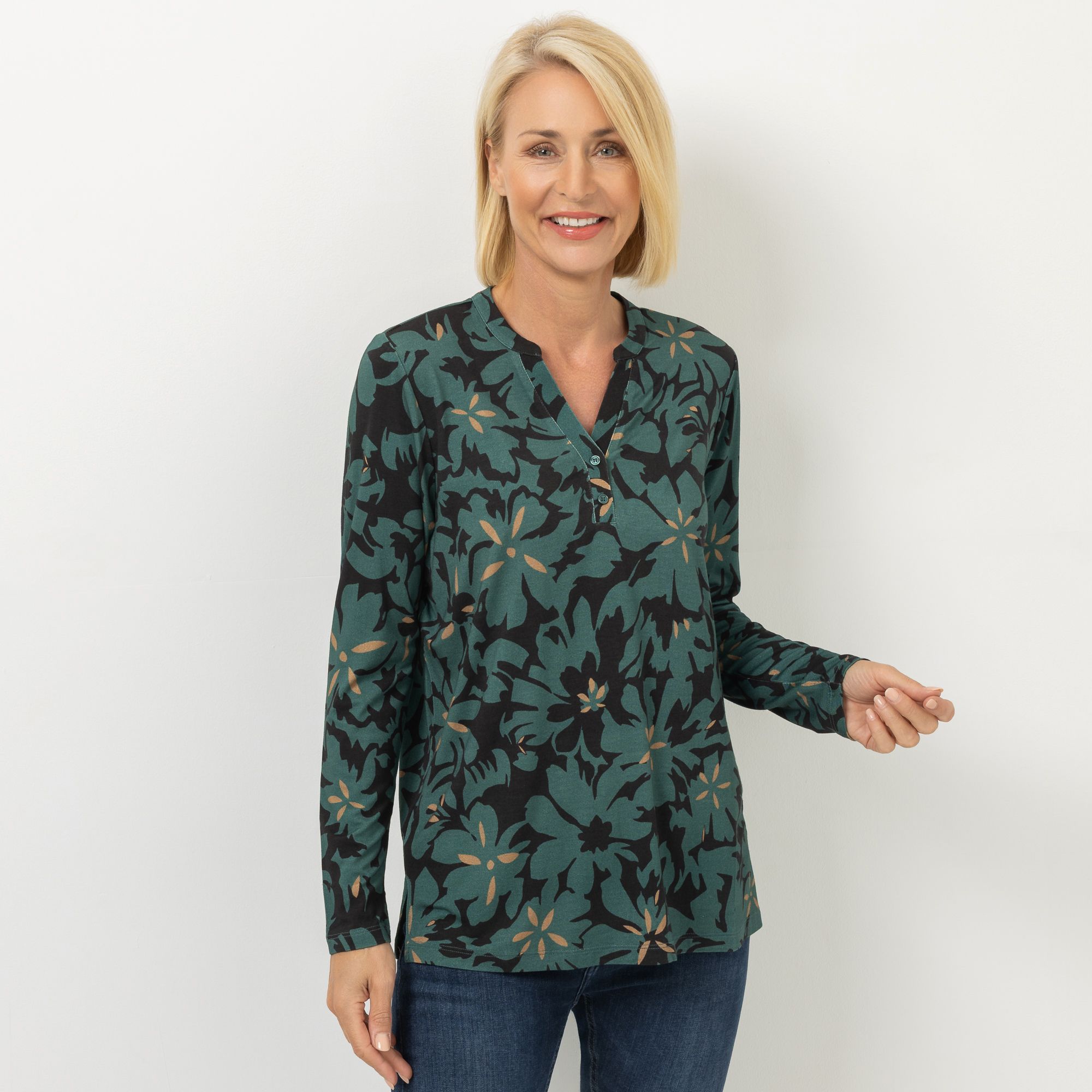 DENIM & CO. Jerseybluse, langarm Serafinoausschnitt halbe Knopfleiste Seitenschlitze