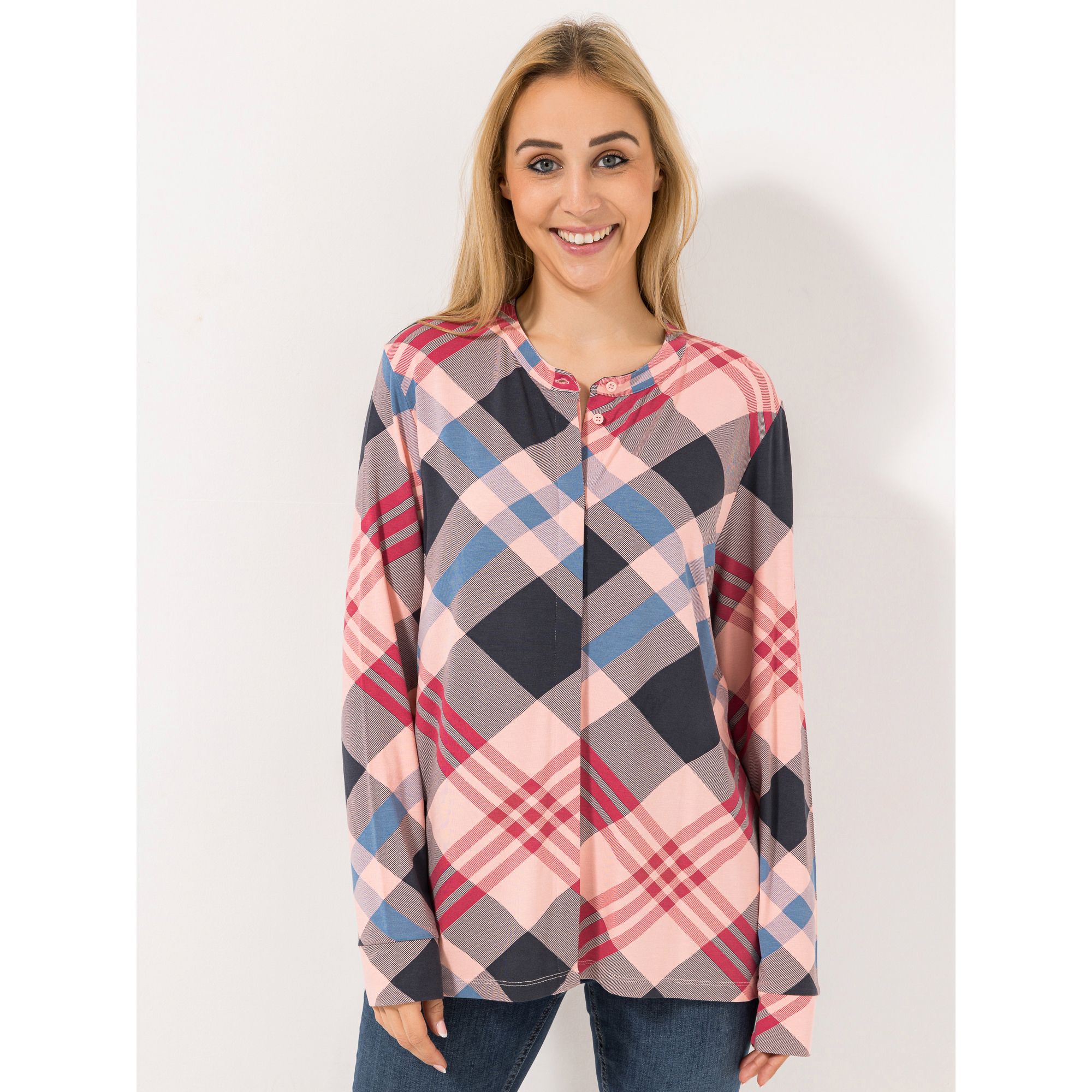 DENIM & CO. Jerseybluse, 1/1-Arm kleiner Stehkragen verdeckte Knopfleiste mit ECOVERO Viskose