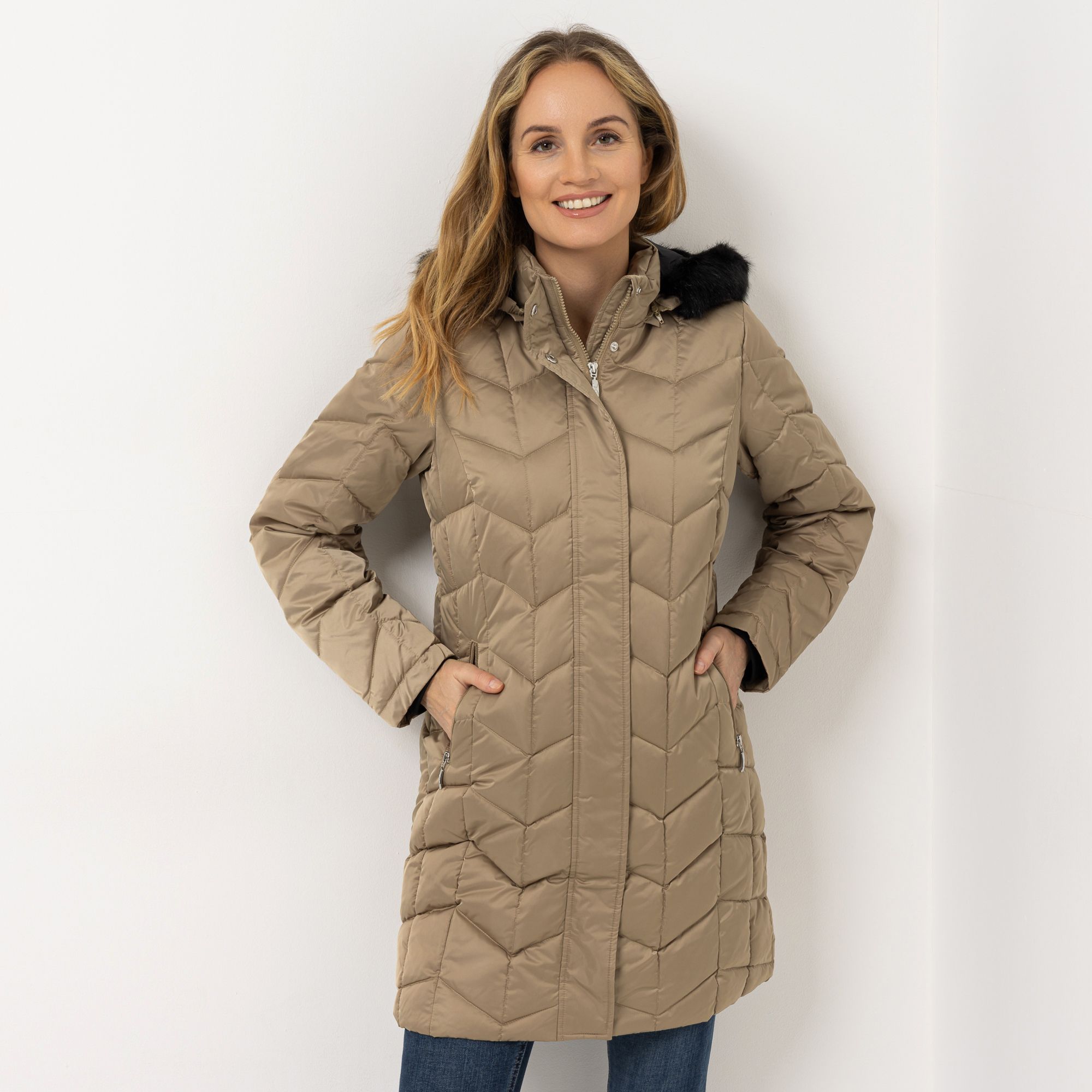 VIA MILANO Steppmantel Stehkragen Kapuze mit Kunstfell 2-Wege-Reißverschluss