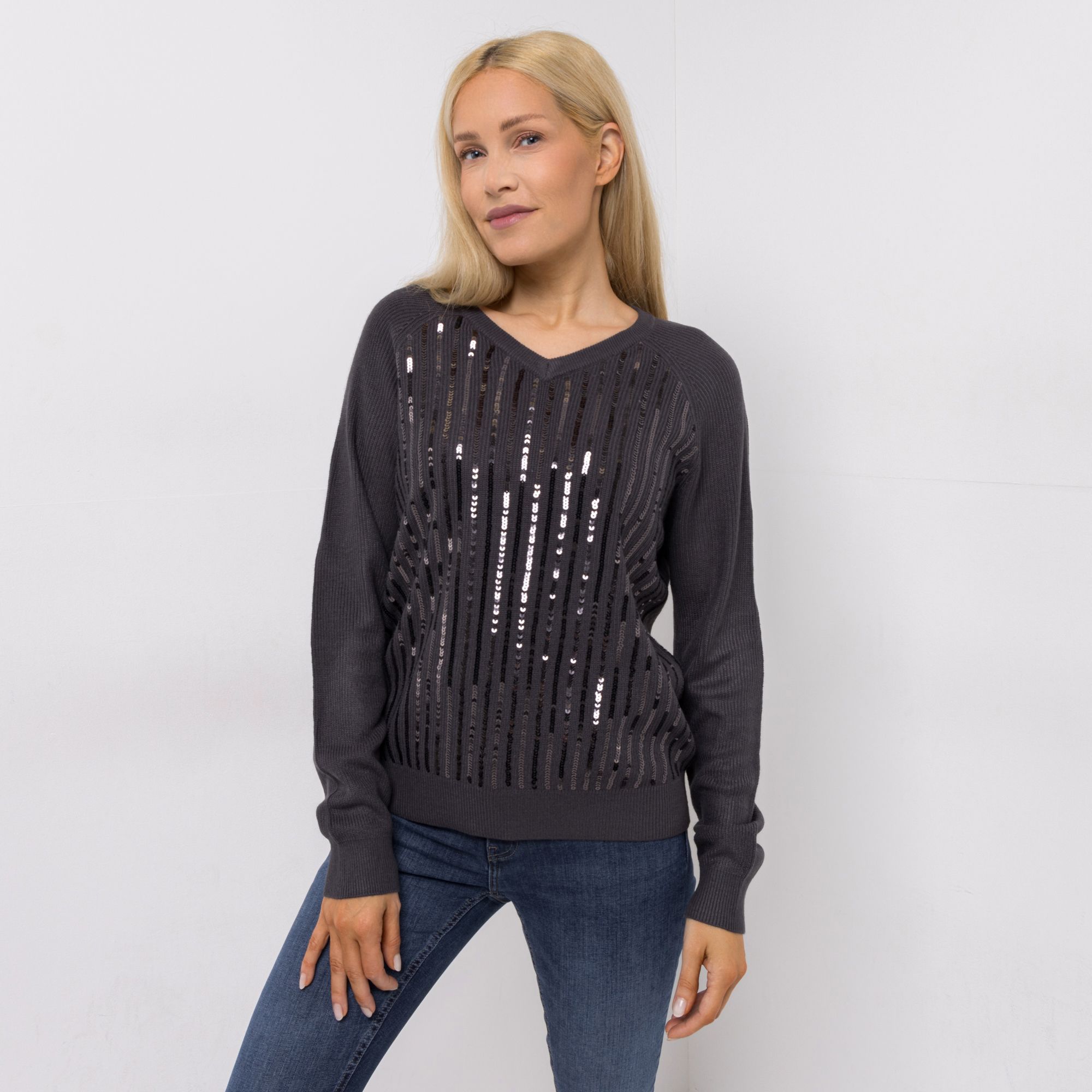 CASHMASOFT Pullover V-Ausschnitt Cashmeregriff Pailletten vorne