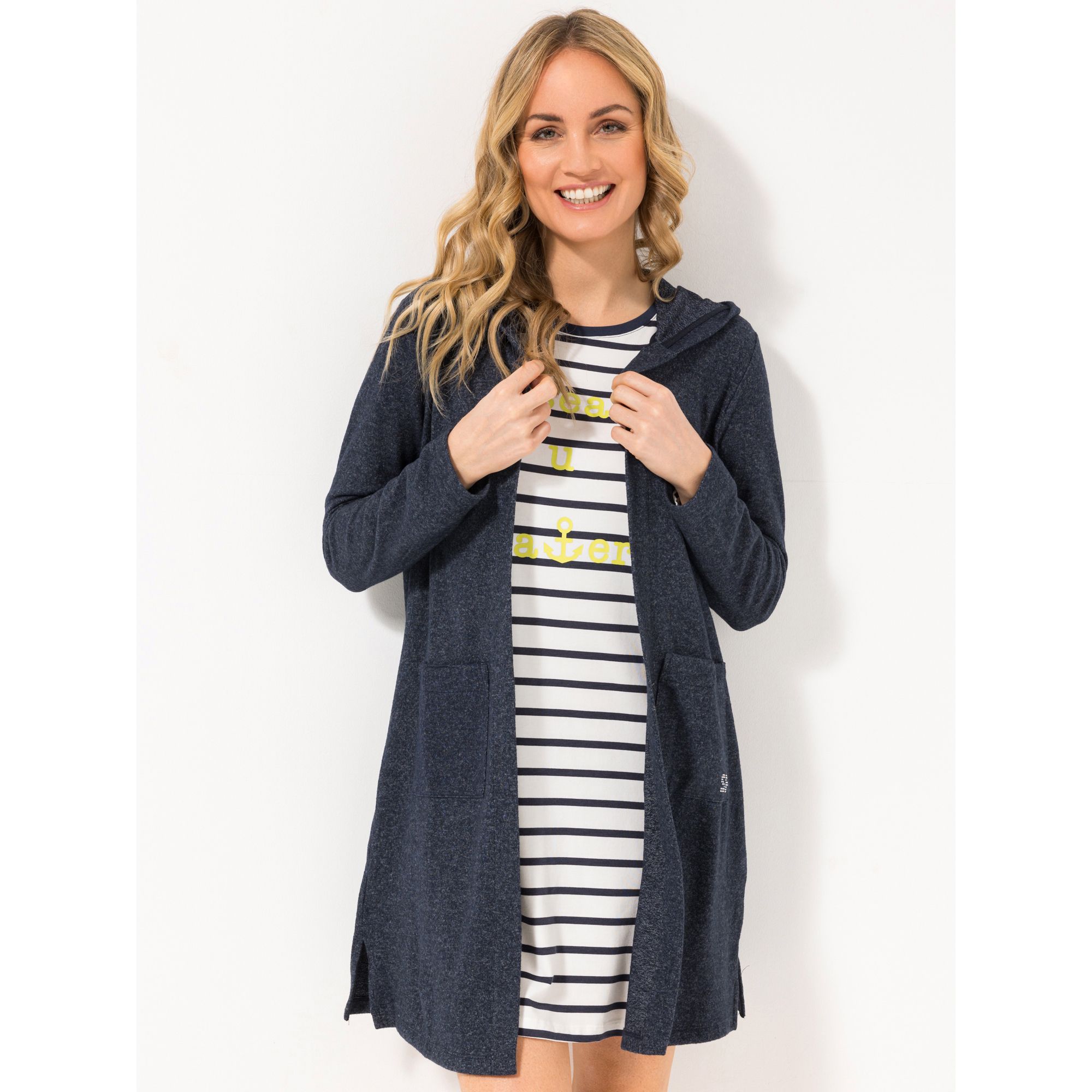 STRANDFEIN Longcardigan, 1/1-Arm Rundhalsausschnitt mit Kapuze offene Front