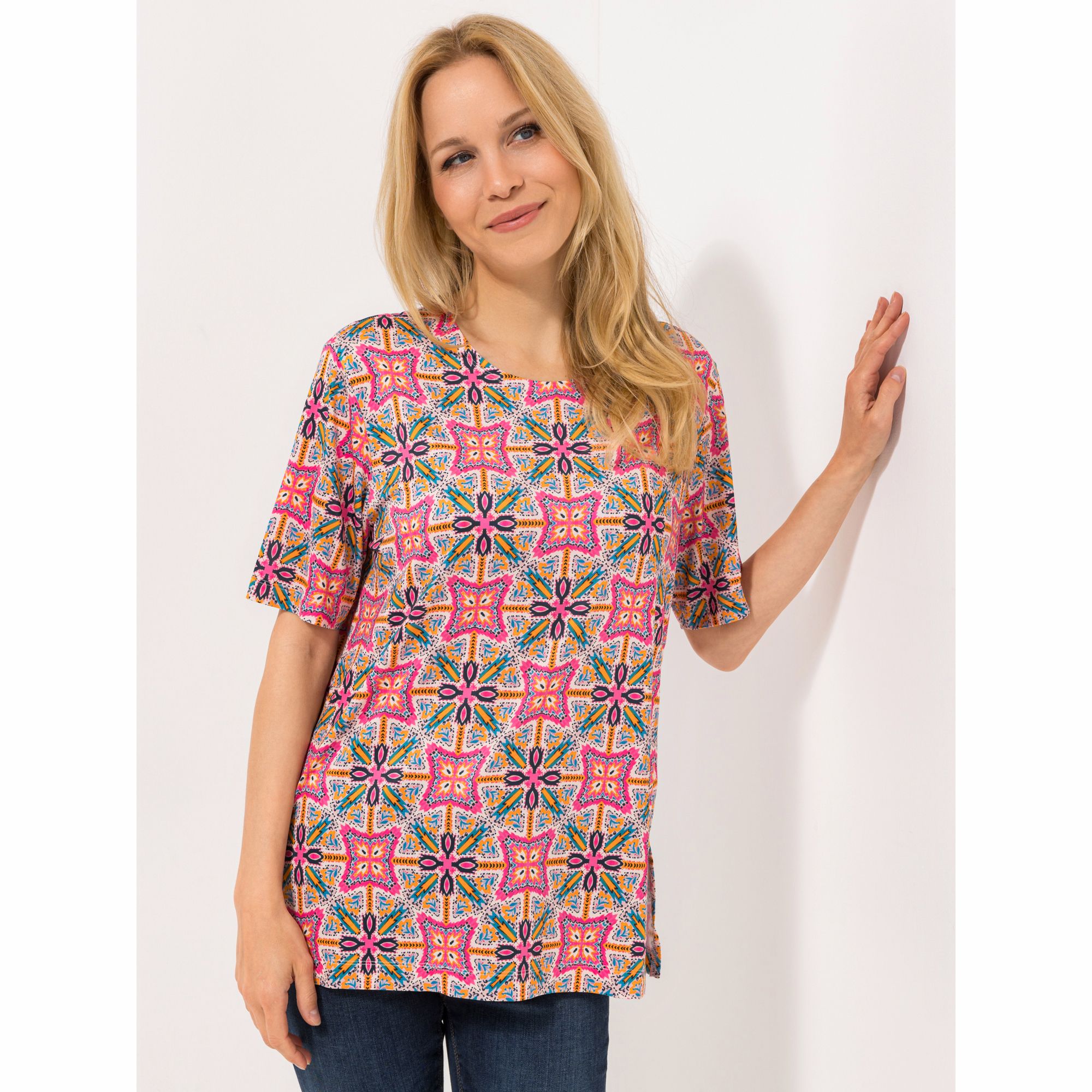 IN-PRINT Shirt, 1/2-Arm Rundhalsausschnitt Seitenschlitze grafischer Druck