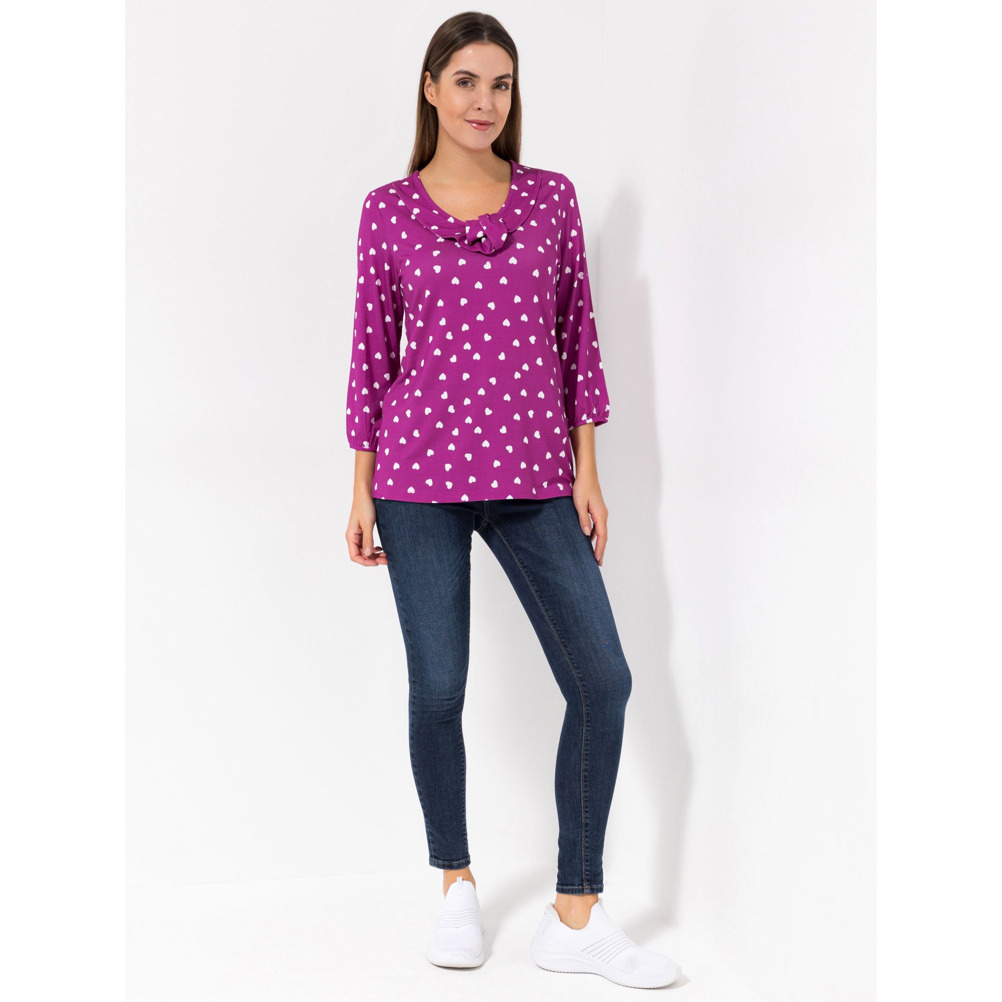 DENIM & CO. Shirt, 3/4-Arm V-Ausschnitt Kragendetail Allover Druck