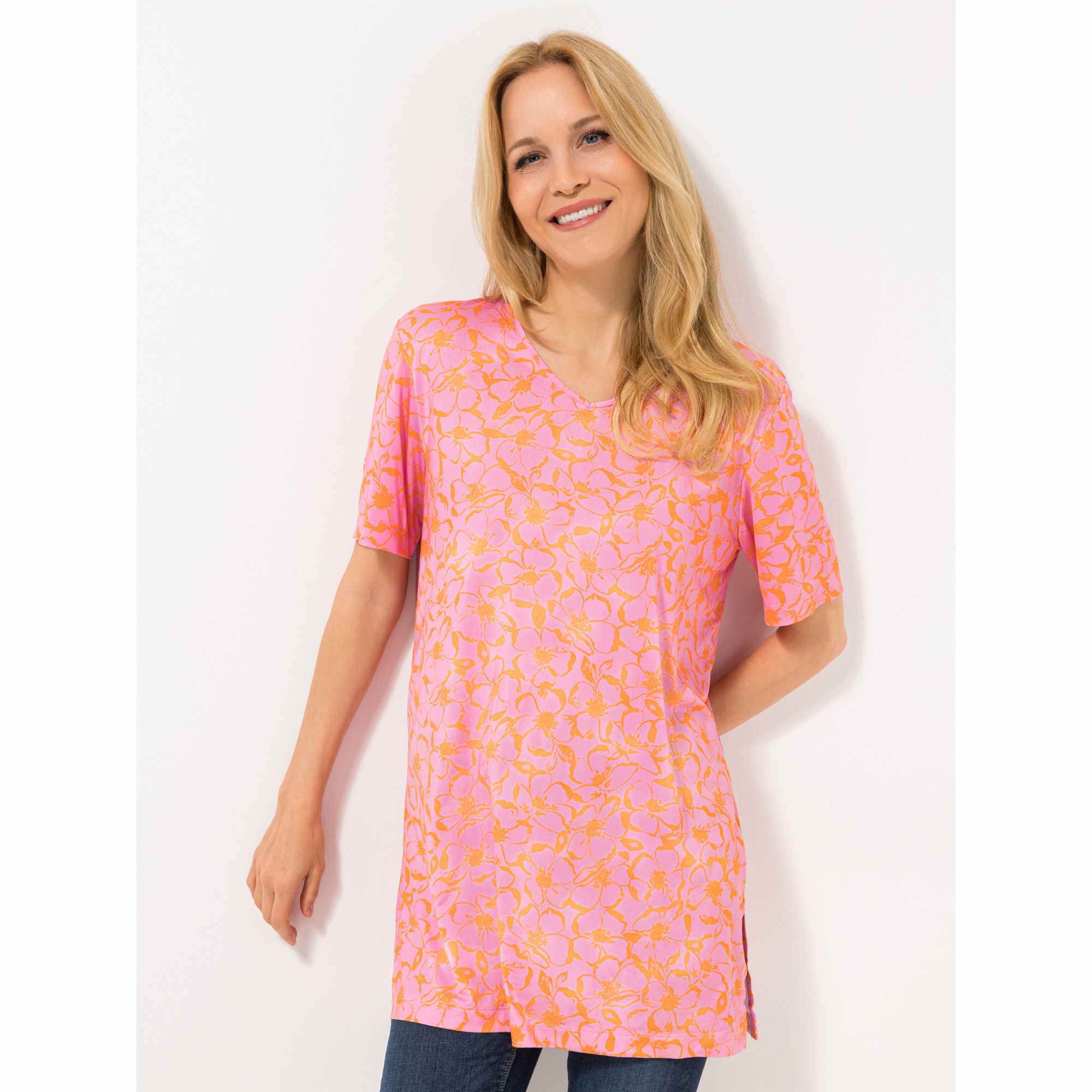 IN-PRINT Tunika, 1/2-Arm V-Ausschnitt Seitenschlitze Blumendruck