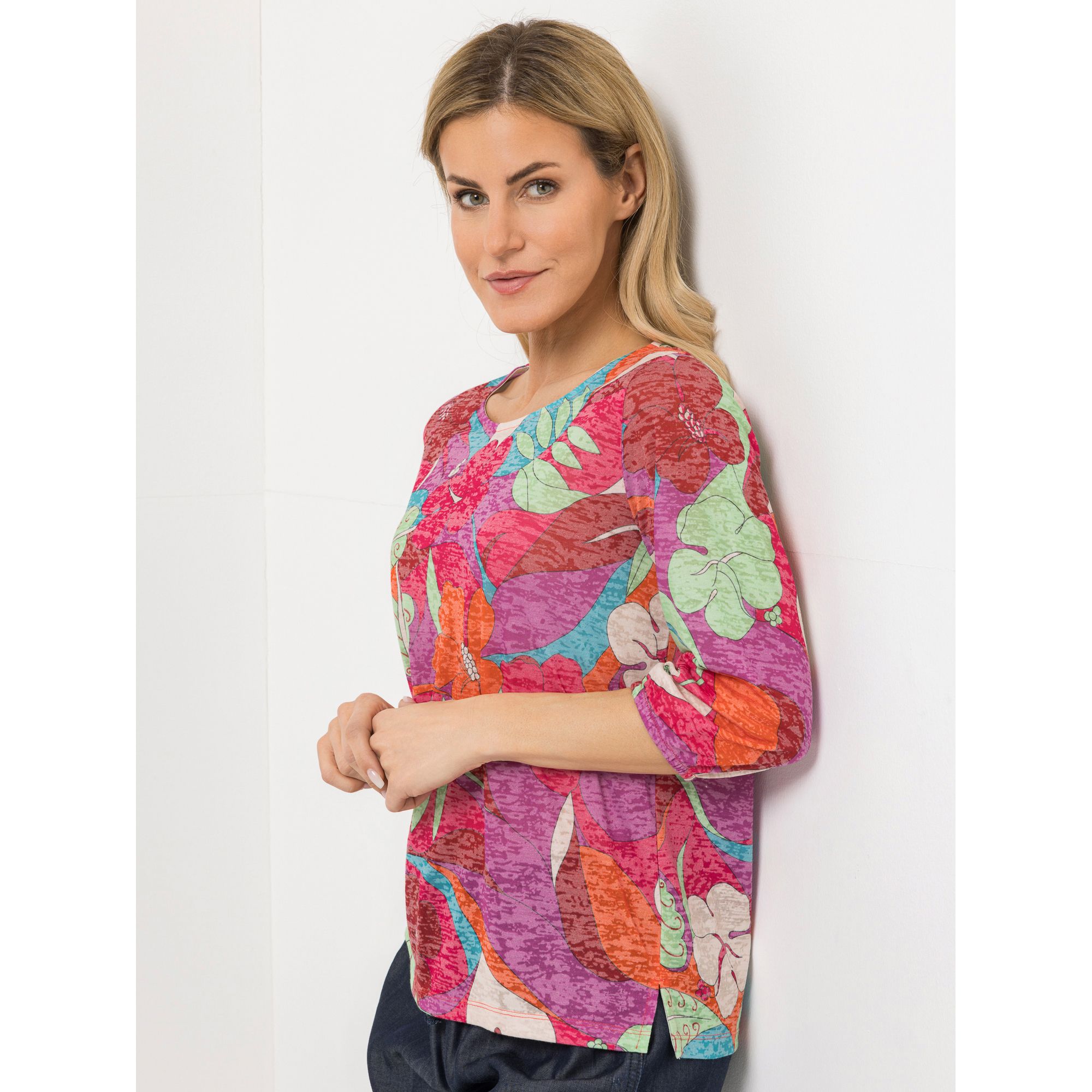 AMINATI® Shirt, 3/4-Arm Rundhalsausschnitt Seitenschlitze Allover-Druck