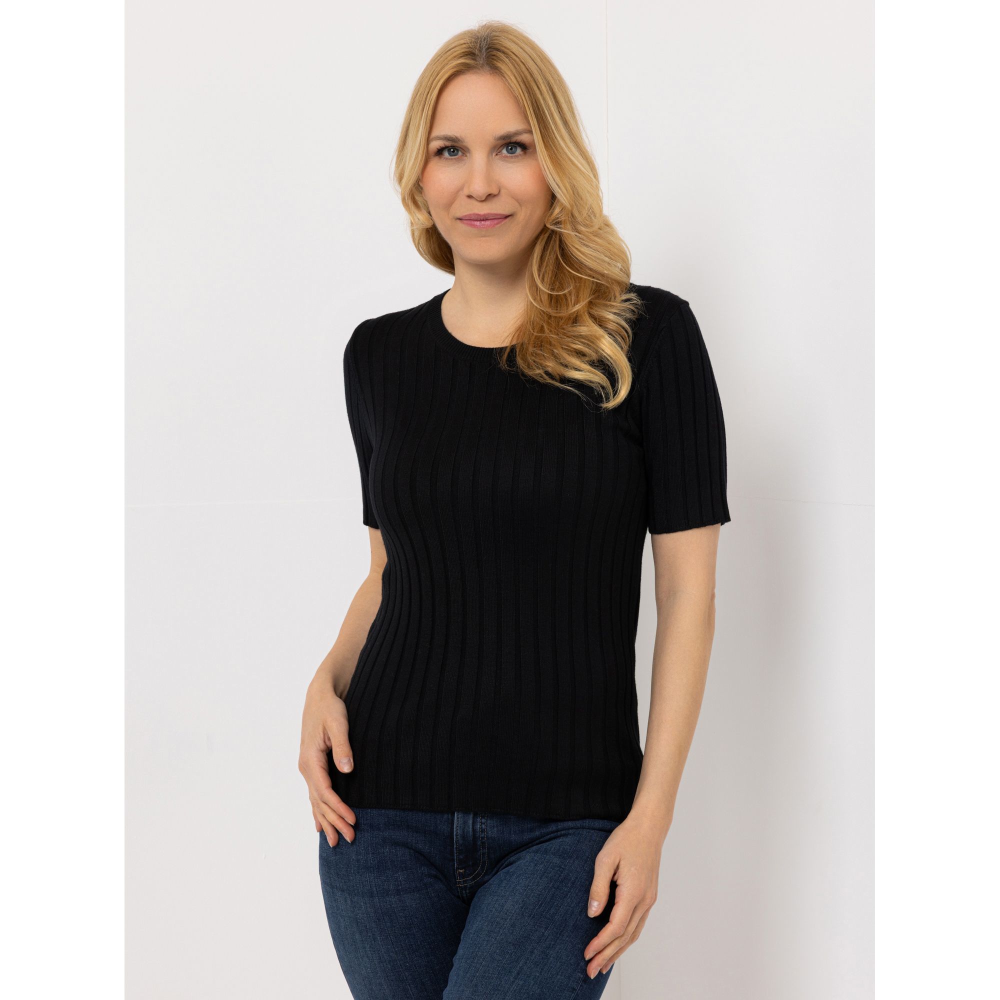 VIA MILANO Pullover, 1/2-Arm Rundhalsausschnitt Rippenstruktur figurbetont