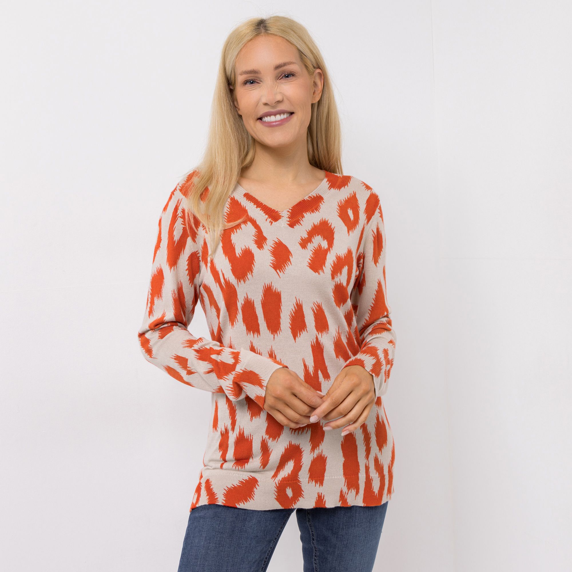 CASHMASOFT Pullover V-Ausschnitt Cashmeregriff Allover-Druck