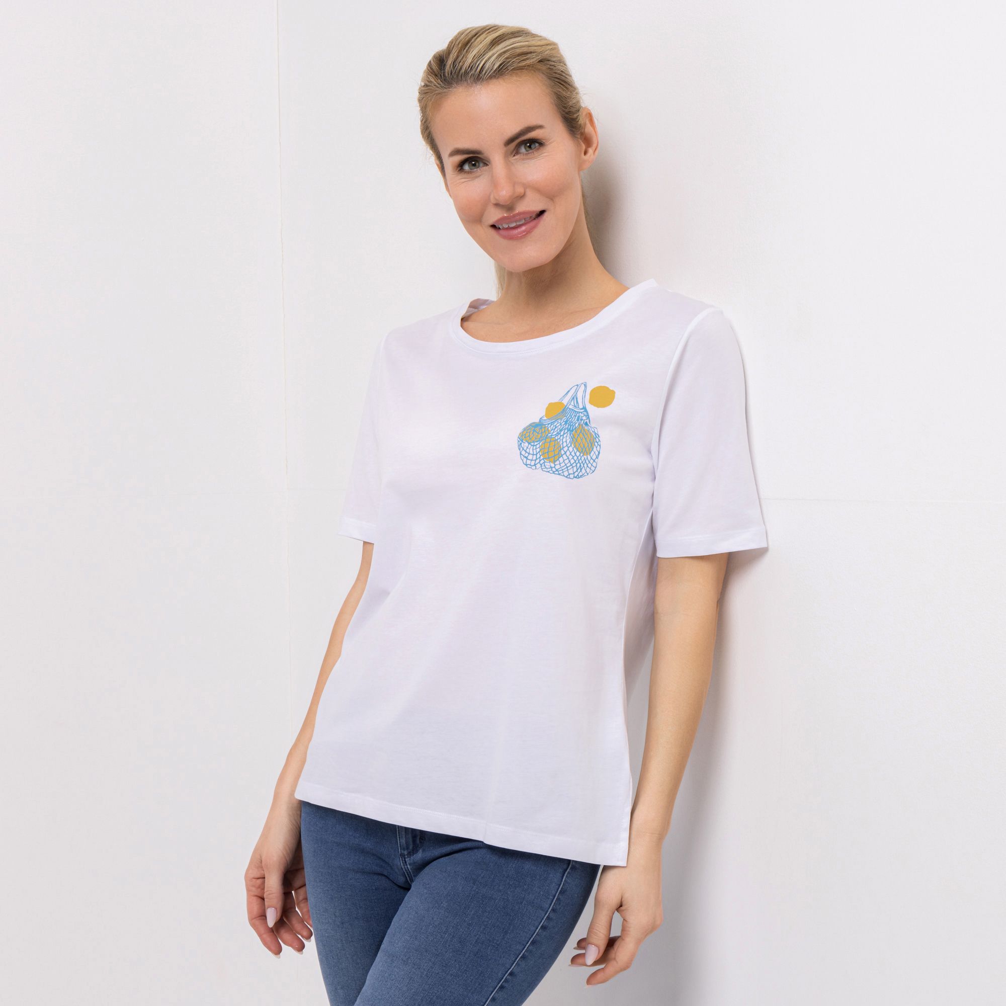 DENIM & CO. Shirt, 1/2-Arm Rundhalsausschnitt Seitenschlitze platzierter Druck