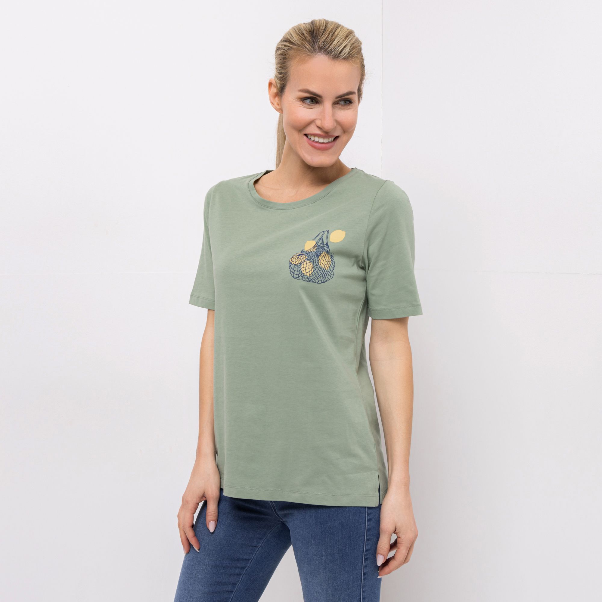 DENIM & CO. Shirt, 1/2-Arm Rundhalsausschnitt Seitenschlitze platzierter Druck