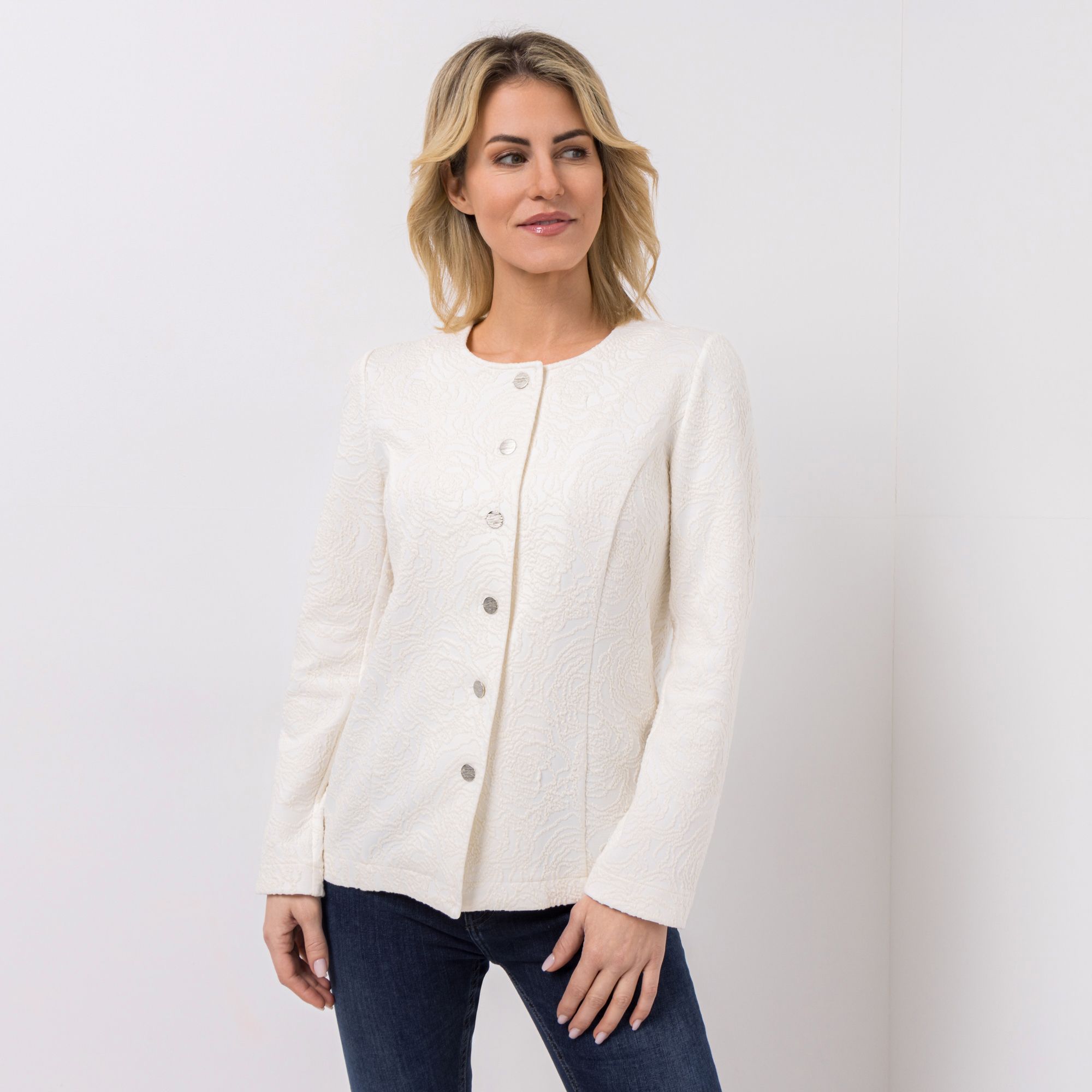 VIA MILANO Jacke, 1/1-Arm Jacquard-Jersey Rundhalsausschnitt Knopfleiste