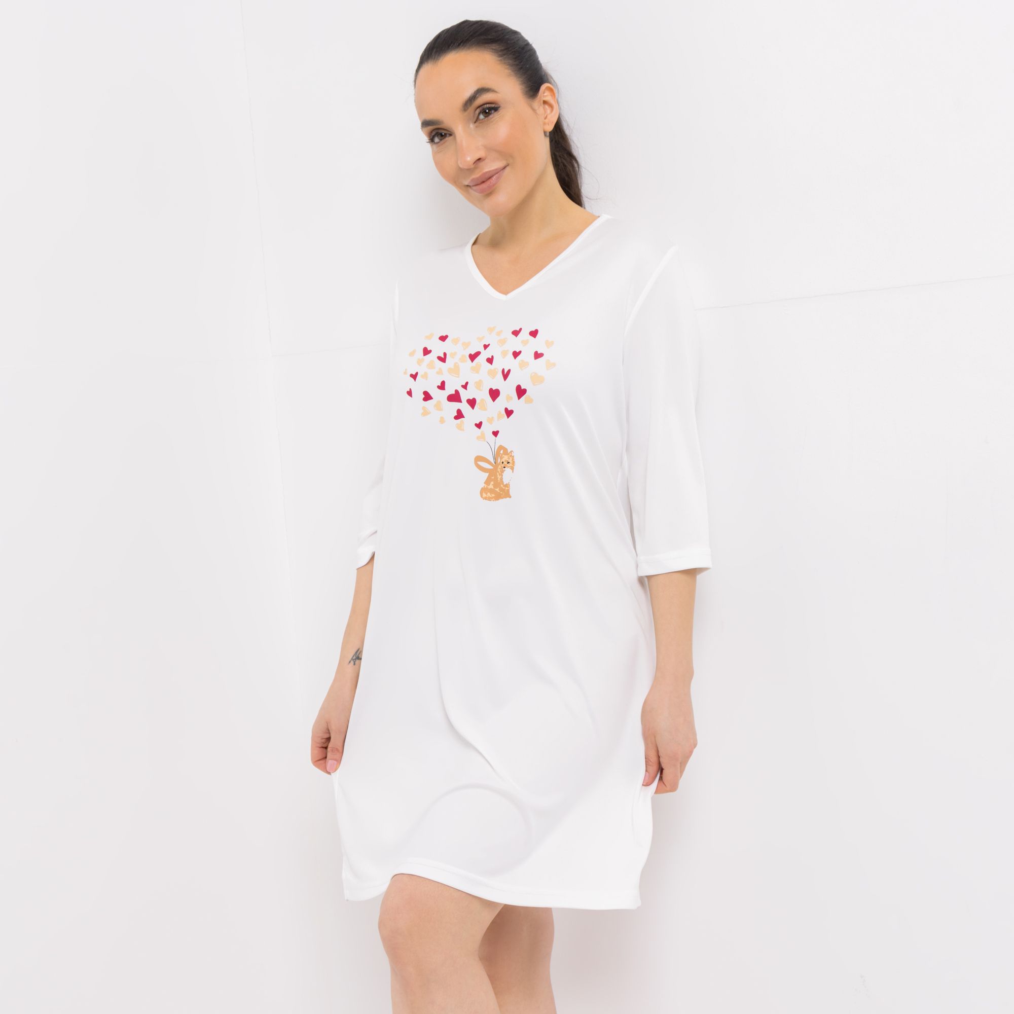 LITTLE ROSE Bigshirt, 3/4-Arm Mikrofasermischung V-Ausschnitt mit Herzmotiv