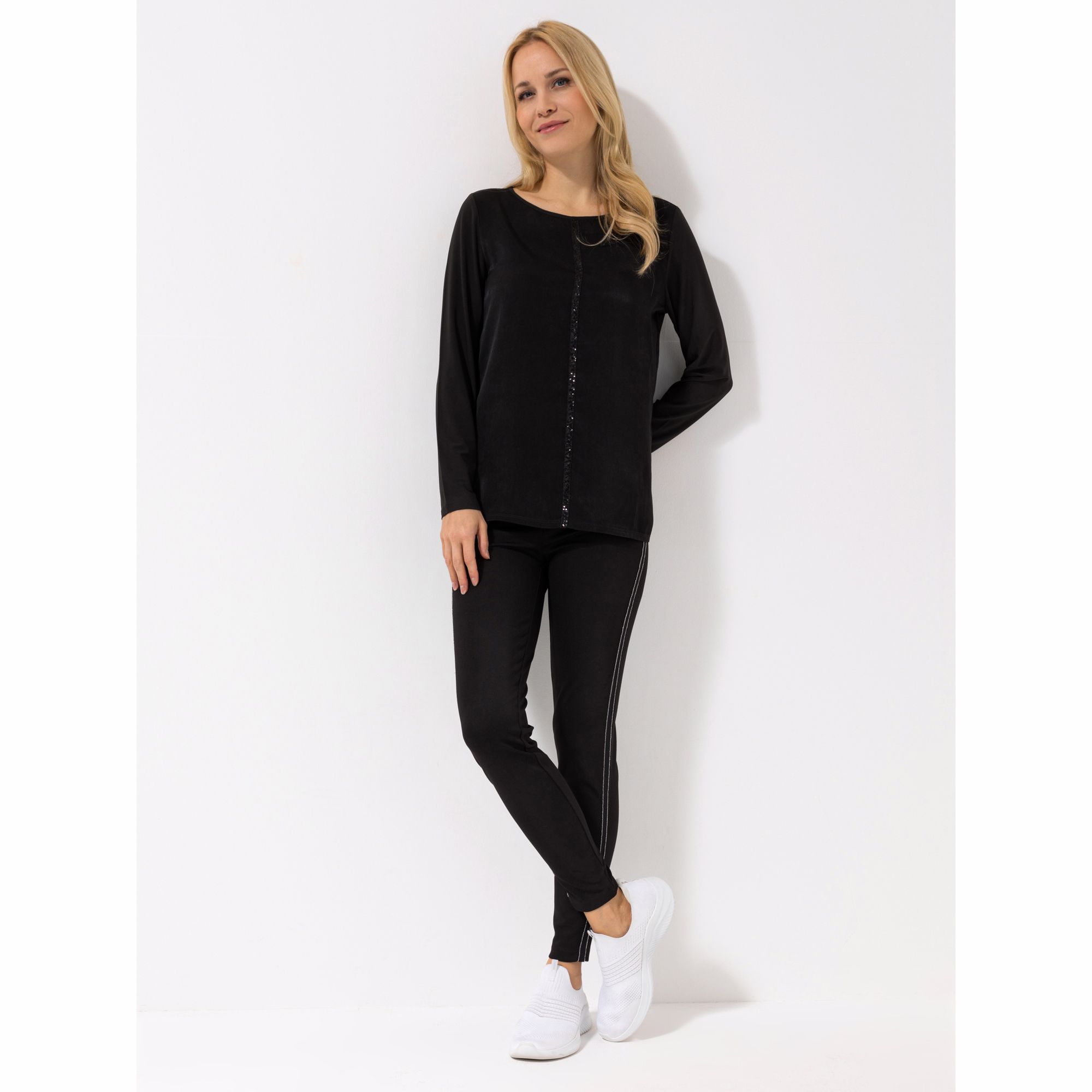 DENIM & CO. Blusenshirt, 1/1-Arm Rundhalsausschnitt Paillettenband figurumspielend